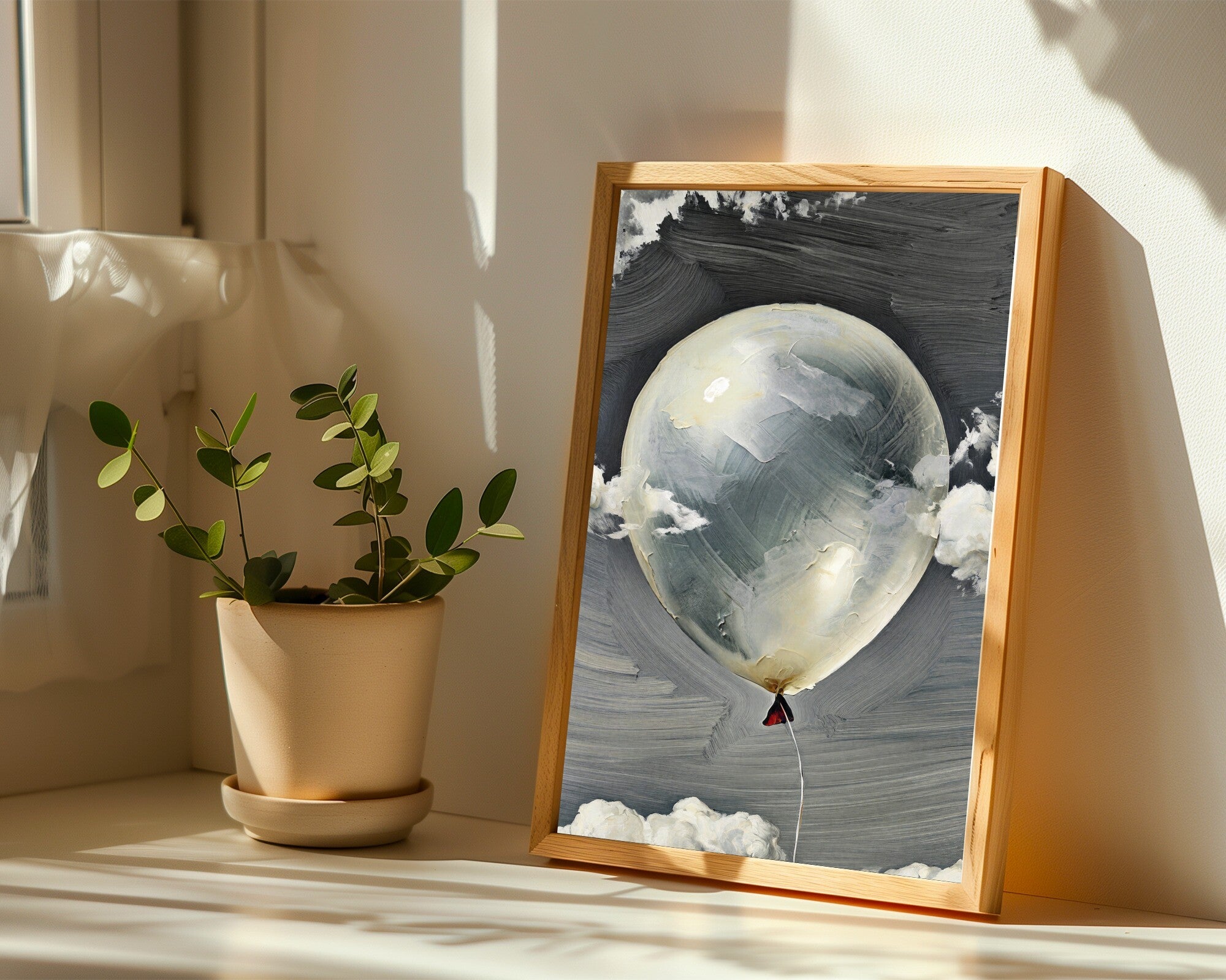 Adrift in Silence, Abstract Balloon Wall Art Print | Encaustic Texture | Achromatic Cloud Art — room-p-sill-wood