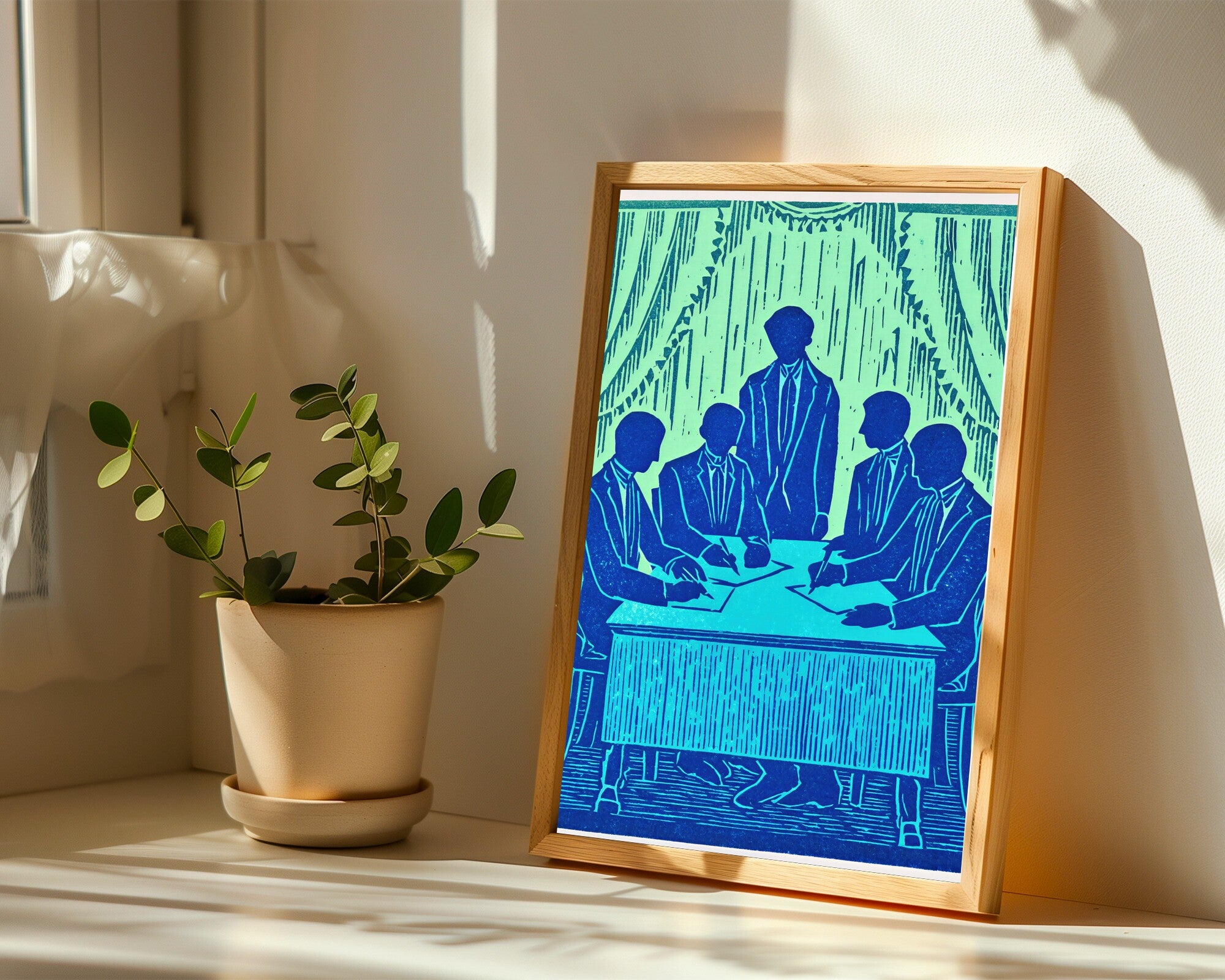 The Armistice, Linocut Wall Art Print | Figurative Silhouettes in Spearmint & Cobalt — room-p-sill-wood
