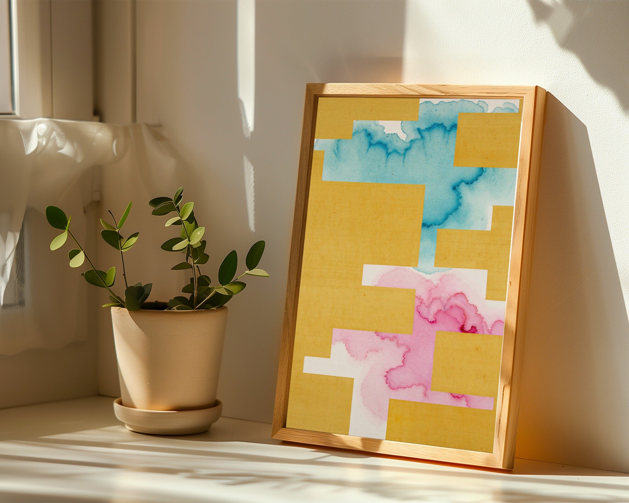 Triadic Bloom, Geometric Watercolour Art Print | Sulphur, Cyan & Fuchsia Wall Art — room-p-sill-wood