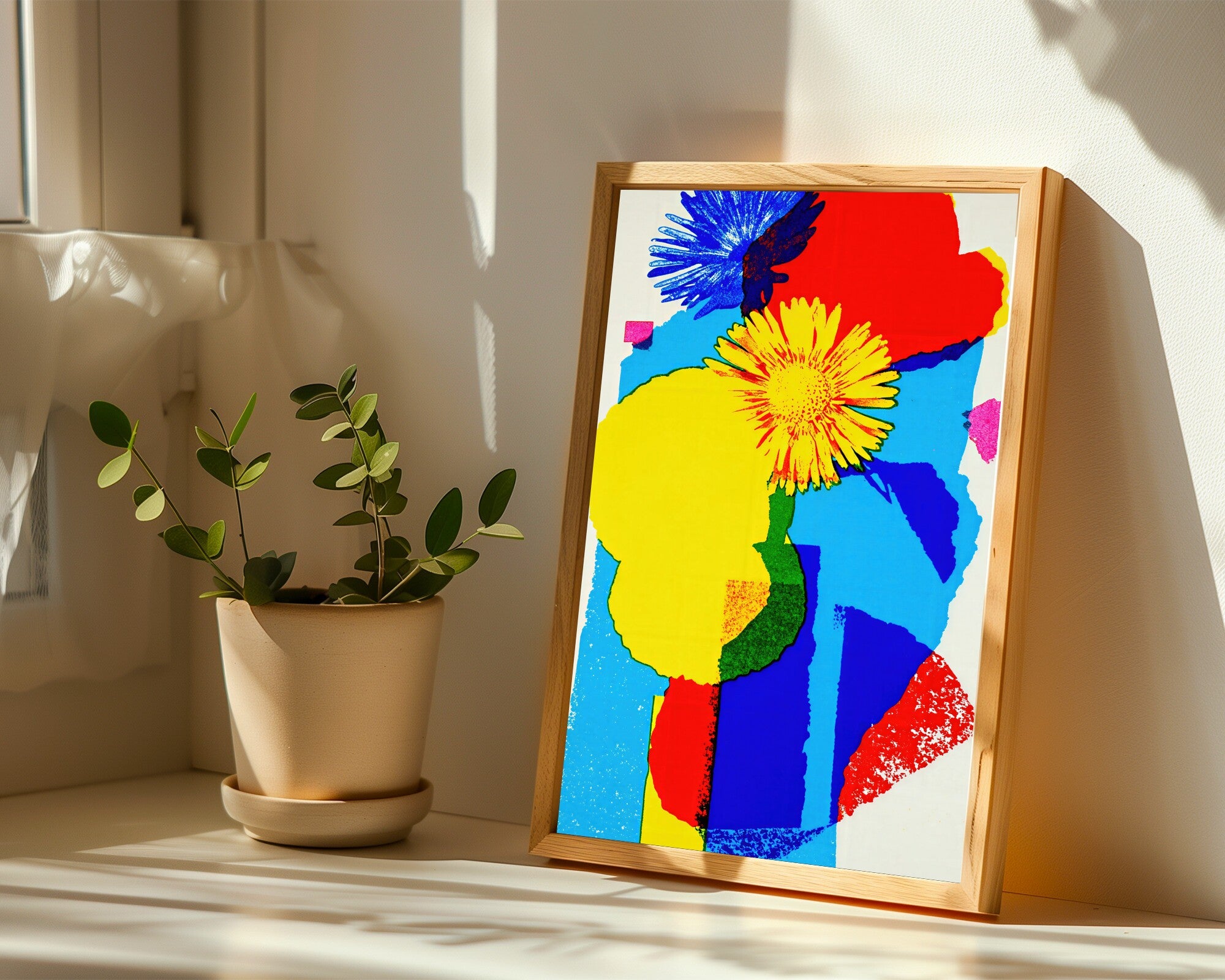 Impossible Bloom, Risograph Botanical Art Print, Surrealist Floral Wall Art in Vibrant Primaries — room-p-sill-wood