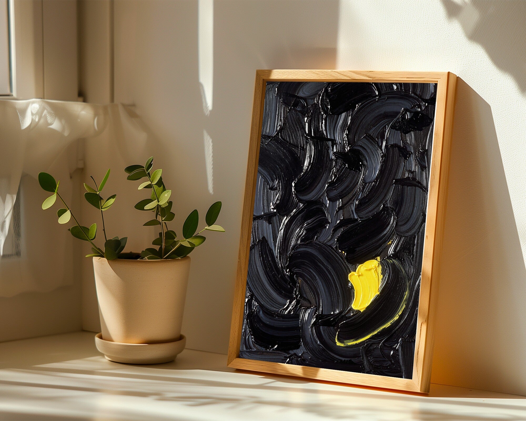 One Citron Stroke, Gestural Abstract Wall Art | Dark Impasto Oil Art Print — room-p-sill-wood
