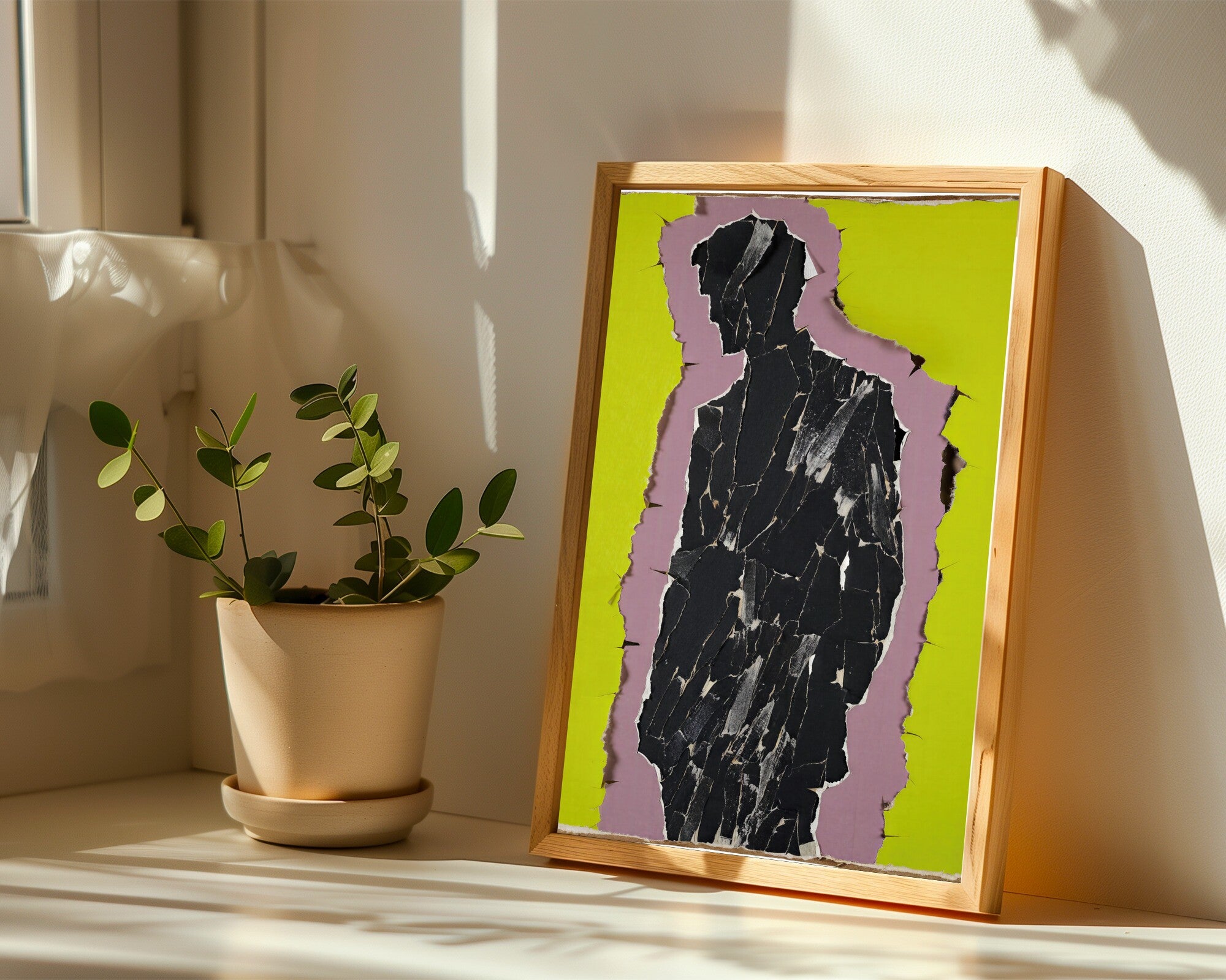 Torn Paper Collage Silhouette Wall Art · Monumental Figure Art Print in Mauve and Citron — room-p-sill-wood