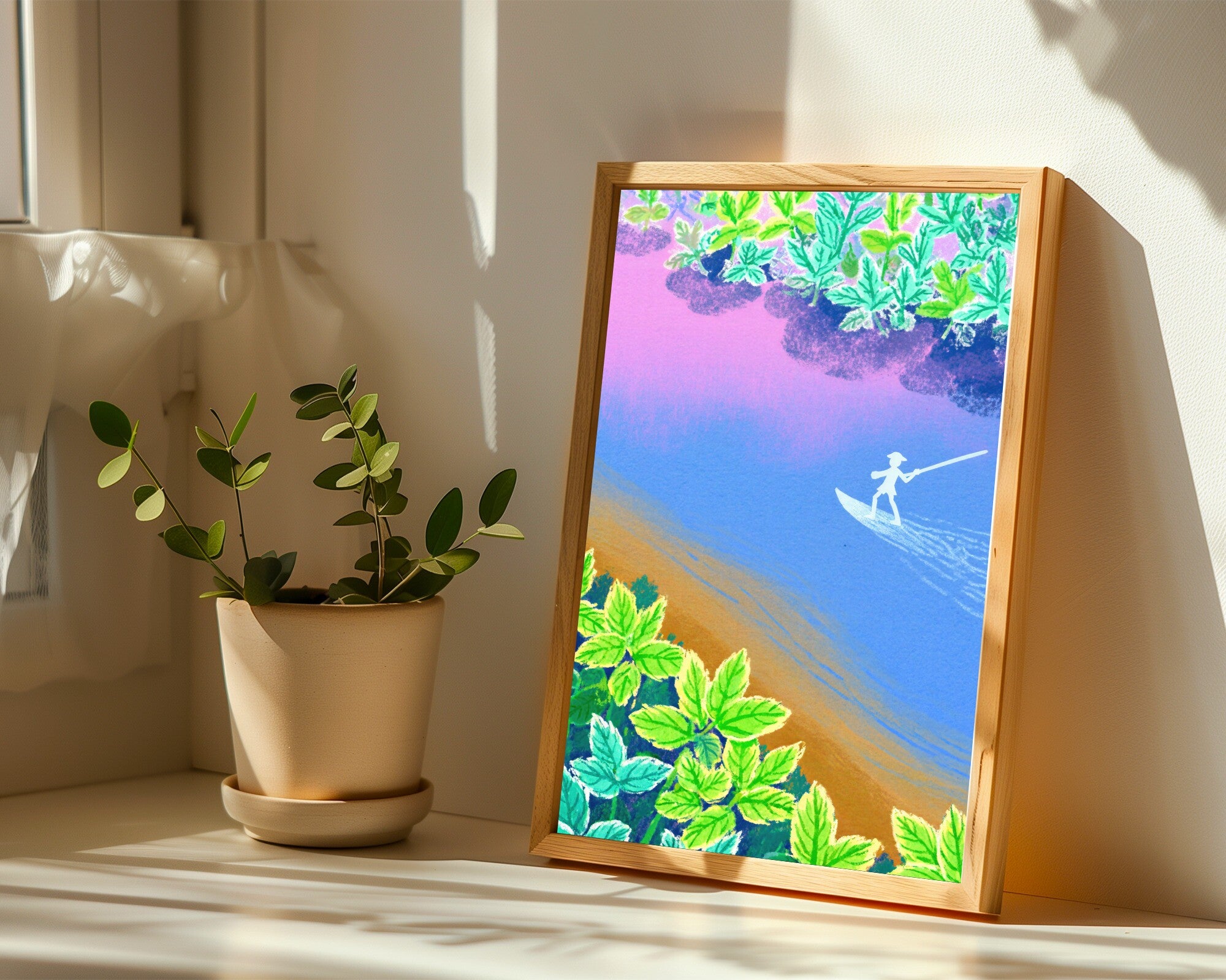 Coureur de Bois Wall Art | Vivid Boreal River Art Print | Chalk Pastel Wilderness Explorer — room-p-sill-wood