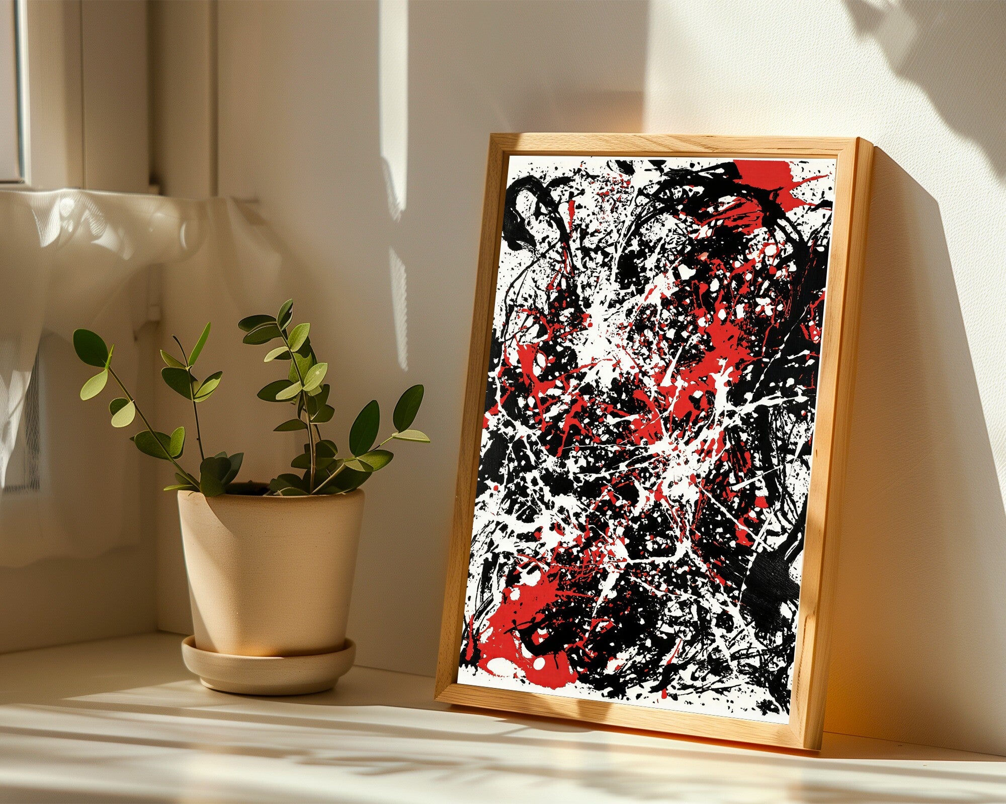 Turbulent Gestural Chaos, Black & Vermilion Abstract Art Print | Bold Monoprint Wall Art — room-p-sill-wood