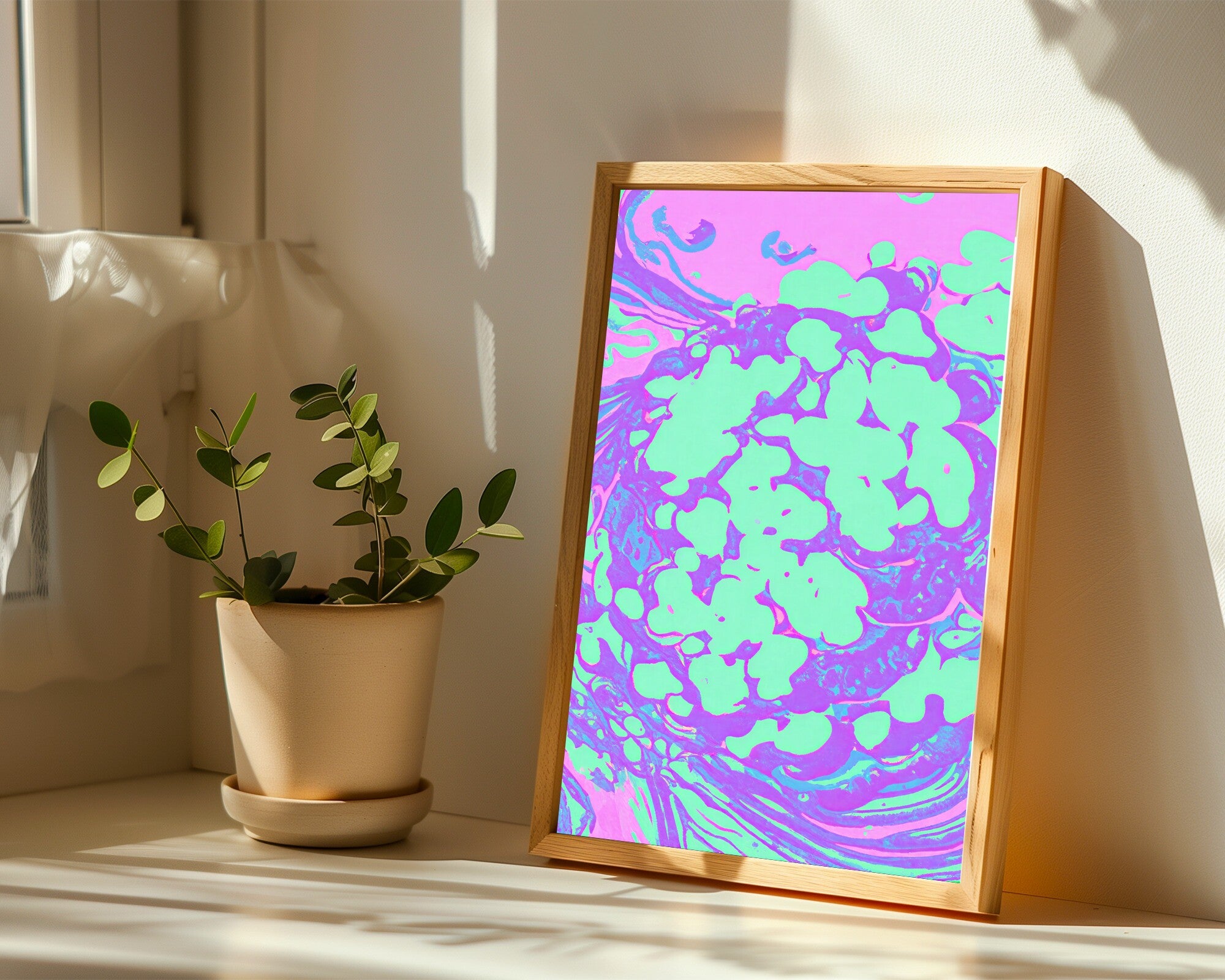 Exotoxin Bloom, Risograph Art Print | Molecular Abstract Wall Art in Luminous Pastels — room-p-sill-wood