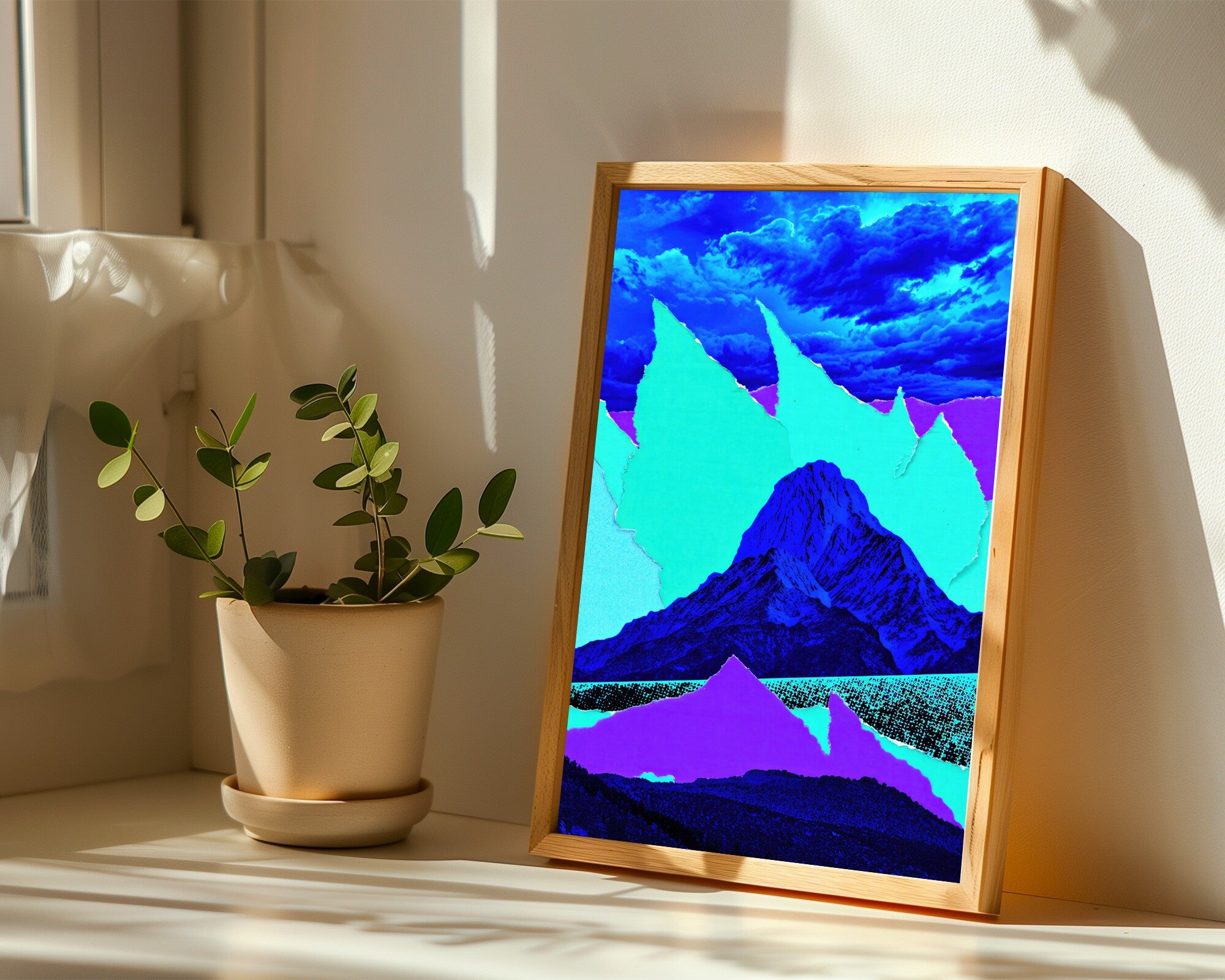 Electric Storm Peak, Neon Collage Art Print | Dramatic Mountain Wall Art — room-p-sill-wood