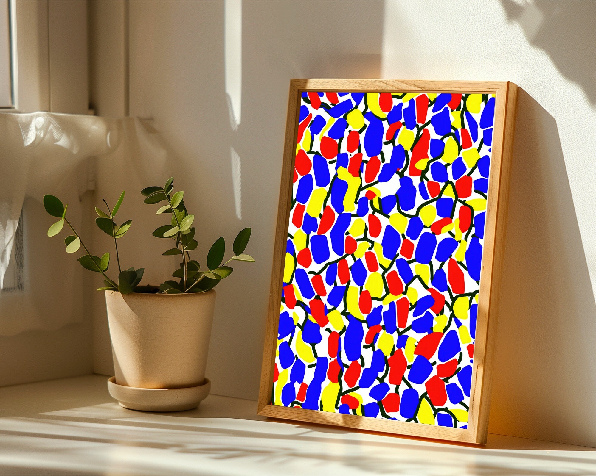 Fractured Field, Bold Primary Colour-Field Abstract Wall Art Print | Red Blue Yellow — room-p-sill-wood