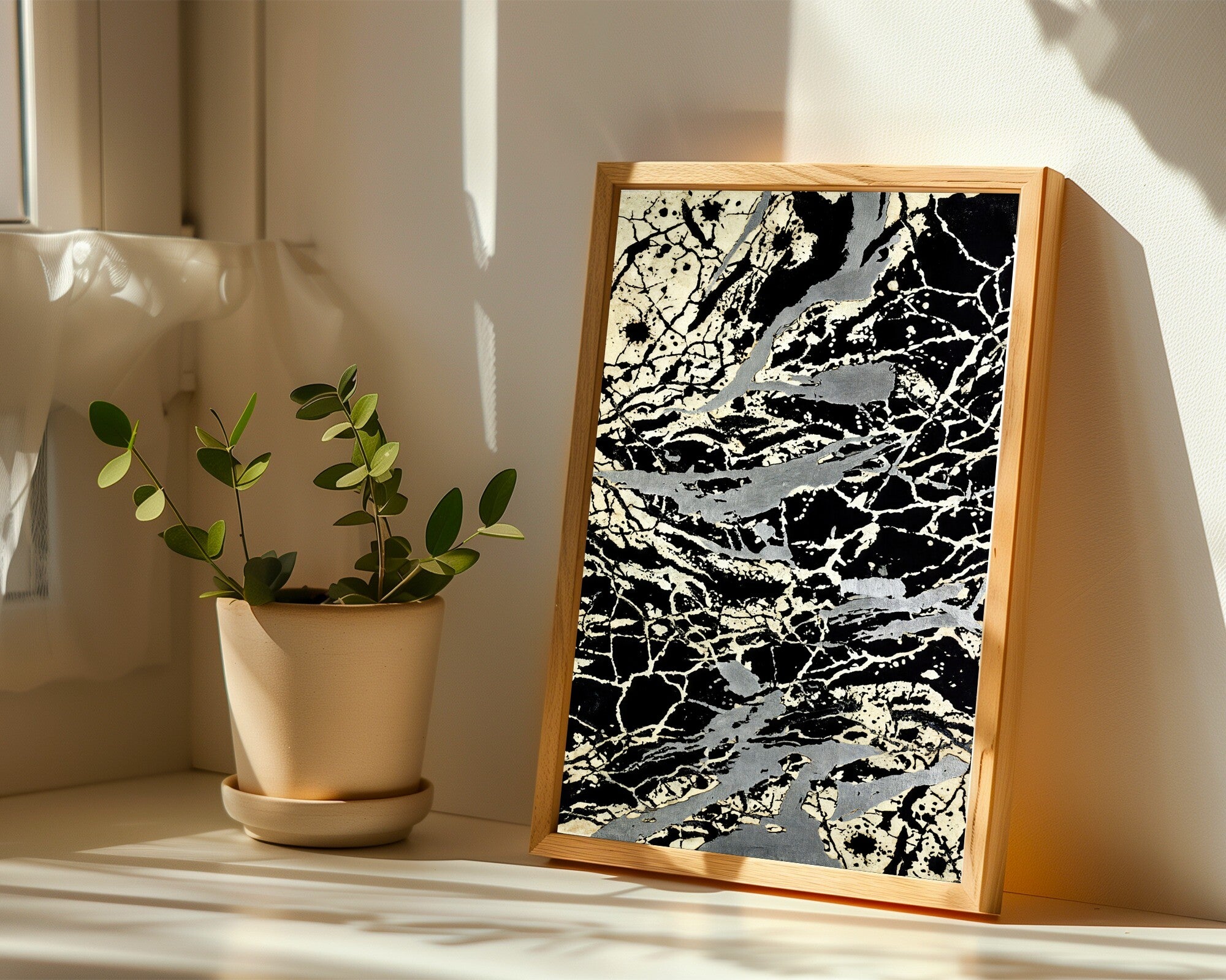 Crackled Void, Black & Pewter Abstract Art Print | Bold Gestural Wall Art — room-p-sill-wood
