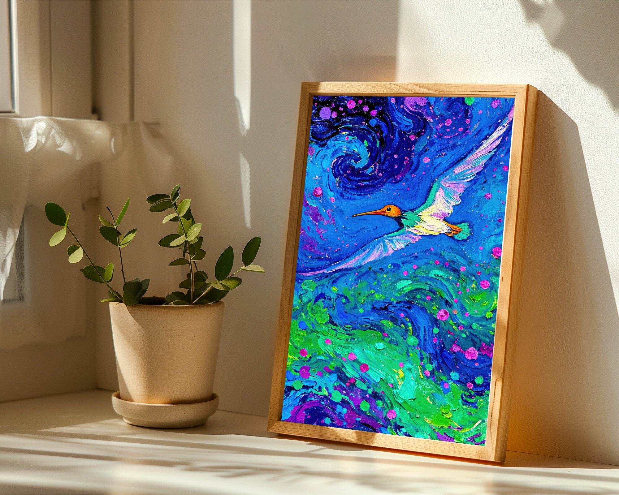 Swiftlet in the Vortex, Gestural Impasto Oil Art Print | Jewel Tone Bird Wall Art — room-p-sill-wood
