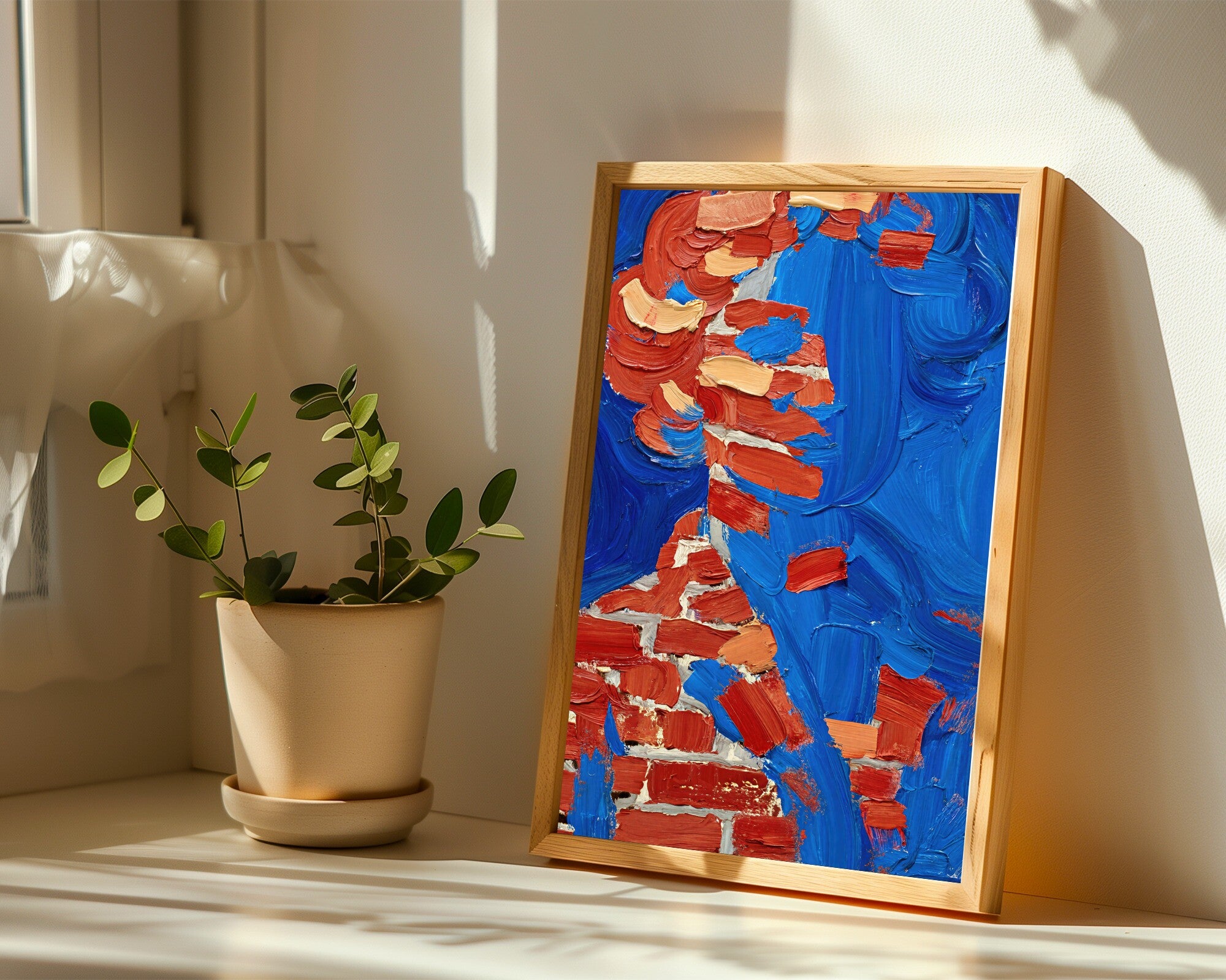 Monumental Figure Wall Art | Gestural Impasto Portrait Print in Brick Red, Pine & Royal Blue — room-p-sill-wood