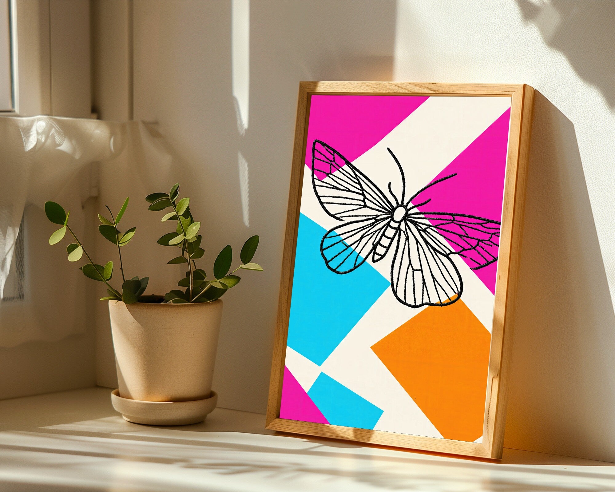 Cecropia Moth Art Print | Minimalist Line Embroidery Wall Art in Cyan, Pink & Tangerine — room-p-sill-wood