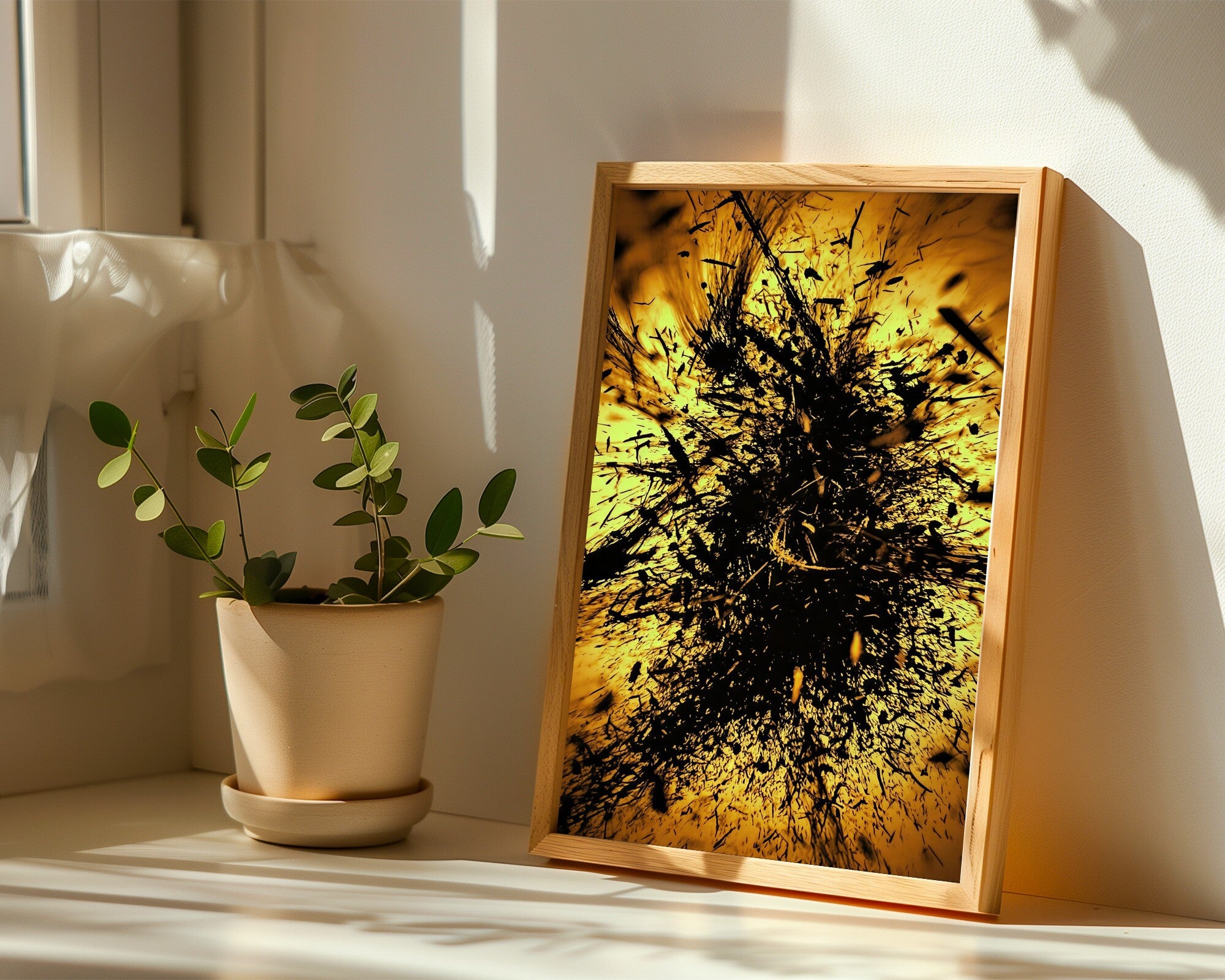Turbulent Echoes Abstract Art Print | Charcoal & Amber Duotone Bold Wall Art — room-p-sill-wood