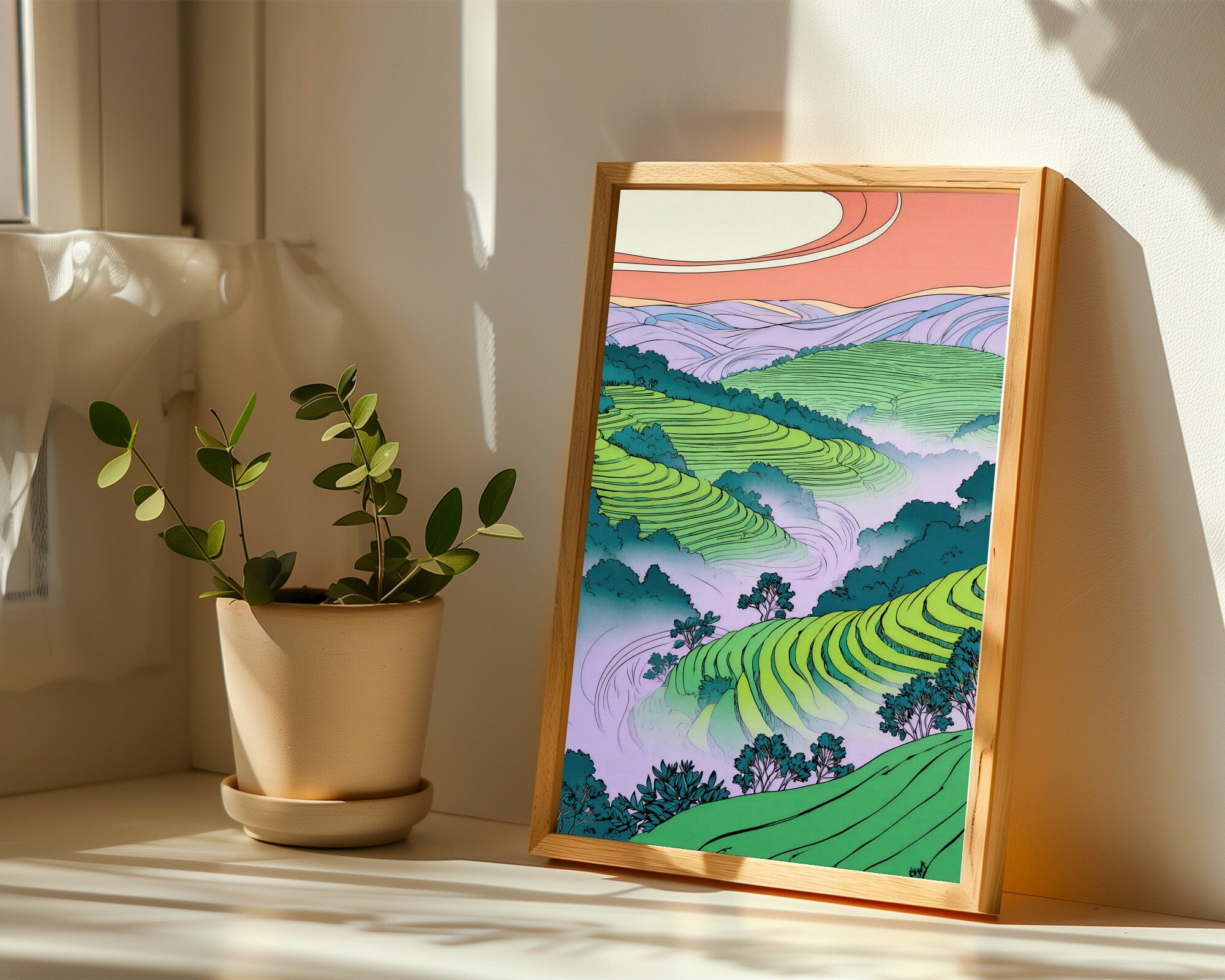 Kotagiri Hills Art Print | Art Nouveau Tea Terraces Wall Art | Sea Green & Lilac — room-p-sill-wood