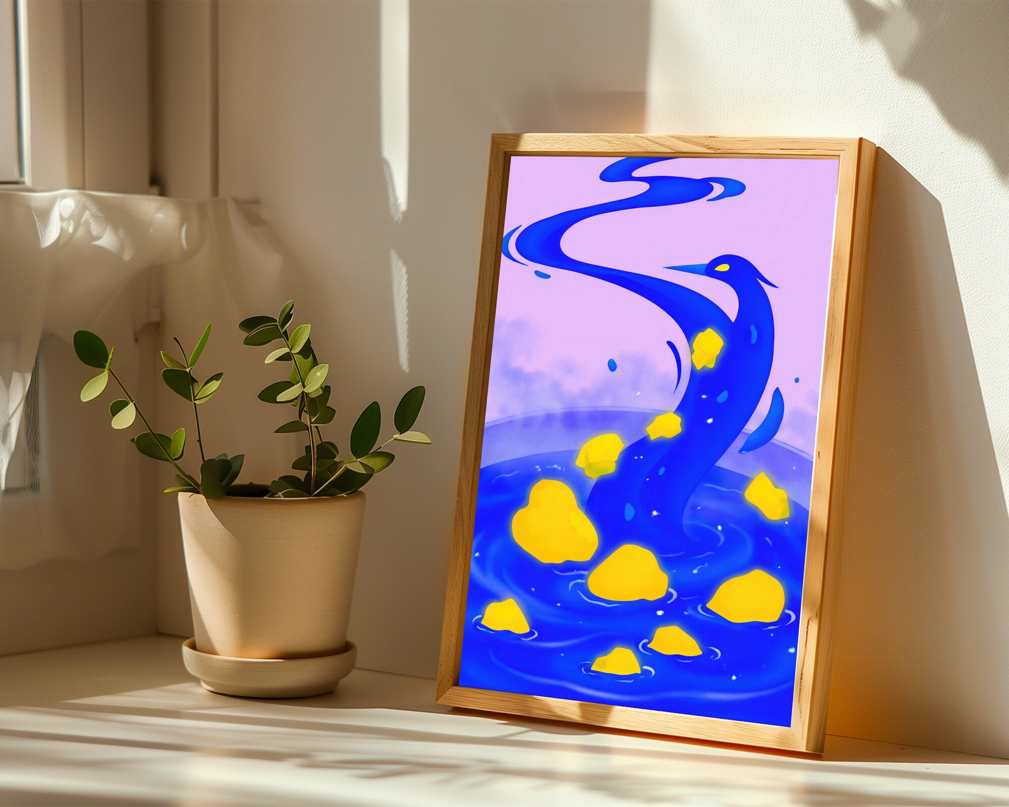 Abstract Heron Wall Art Print | Sapphire, Chartreuse & Lilac | Flowing Bird Art — room-p-sill-wood