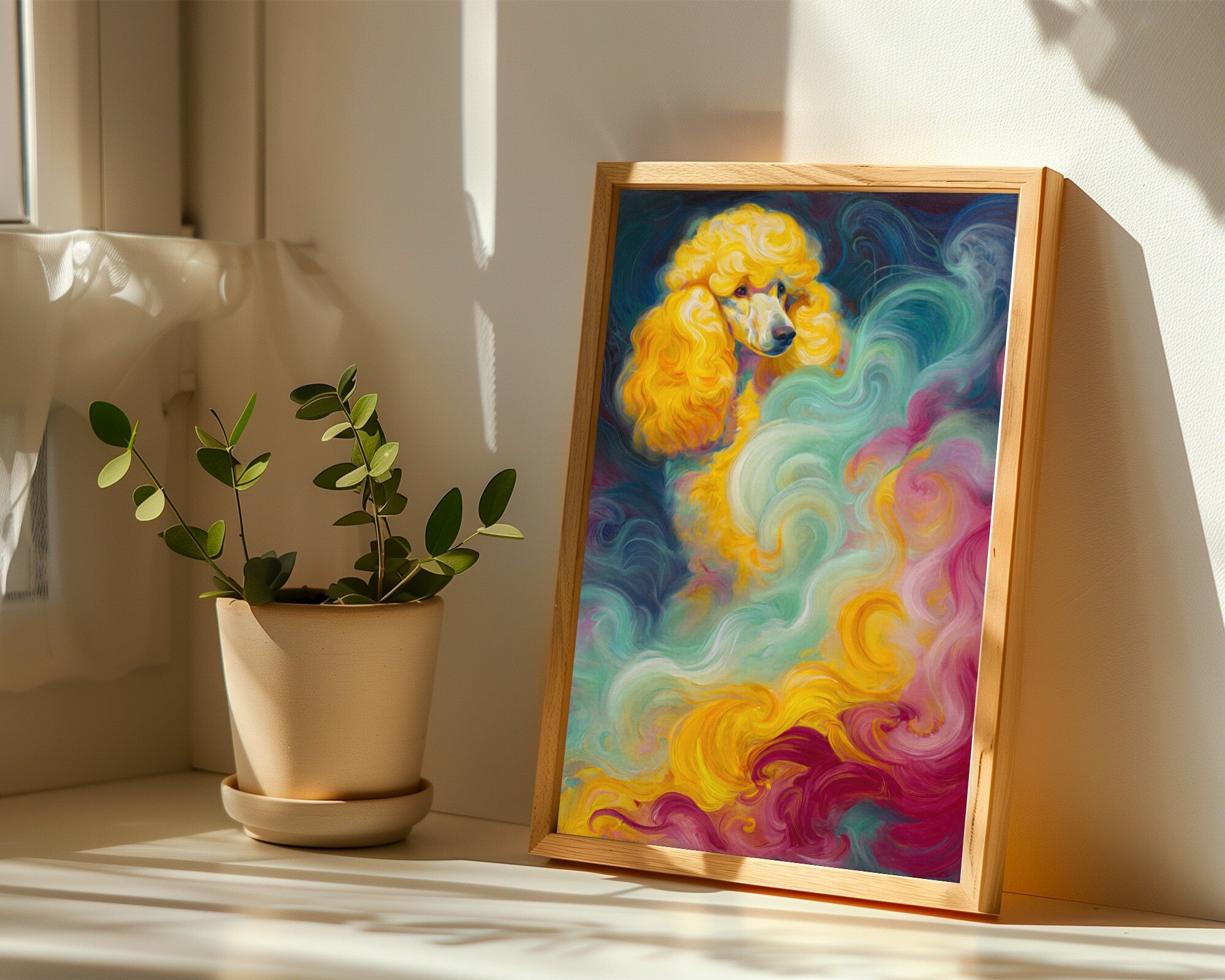 Poodle in Mist, Aqua Fuchsia Gold Abstract Animal Art Print for Wall — room-p-sill-wood