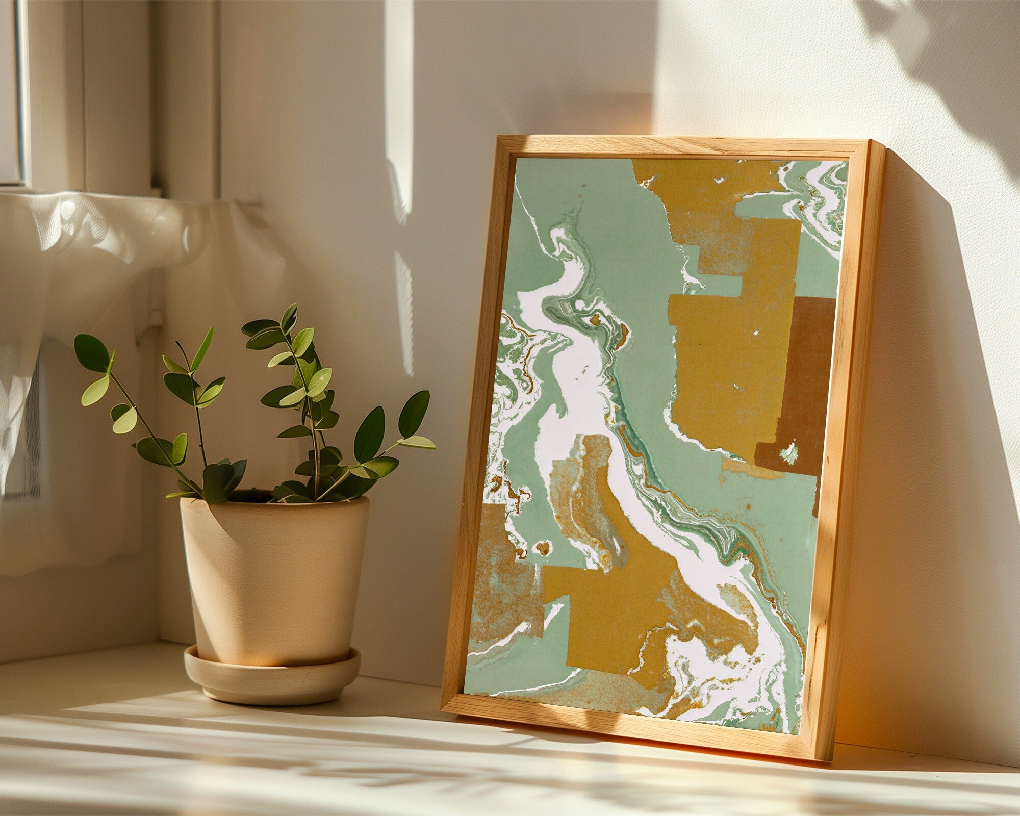 Sage & Umber · Abstract Monoprint Wall Art | Earthy Geometric Art Print — room-p-sill-wood