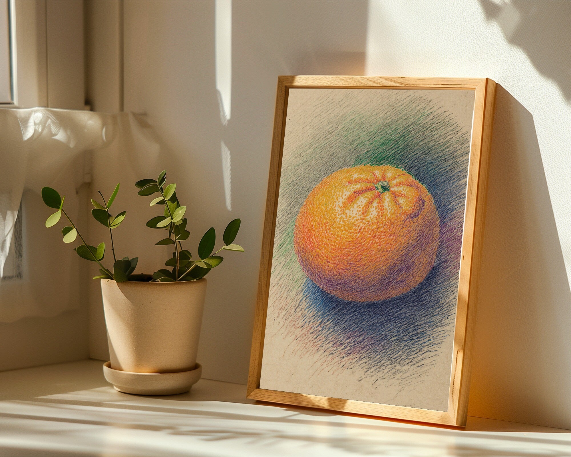 Navel Orange Void, Pointillist Art Print | Muted Tangerine, Emerald & Cobalt Wall Art — room-p-sill-wood