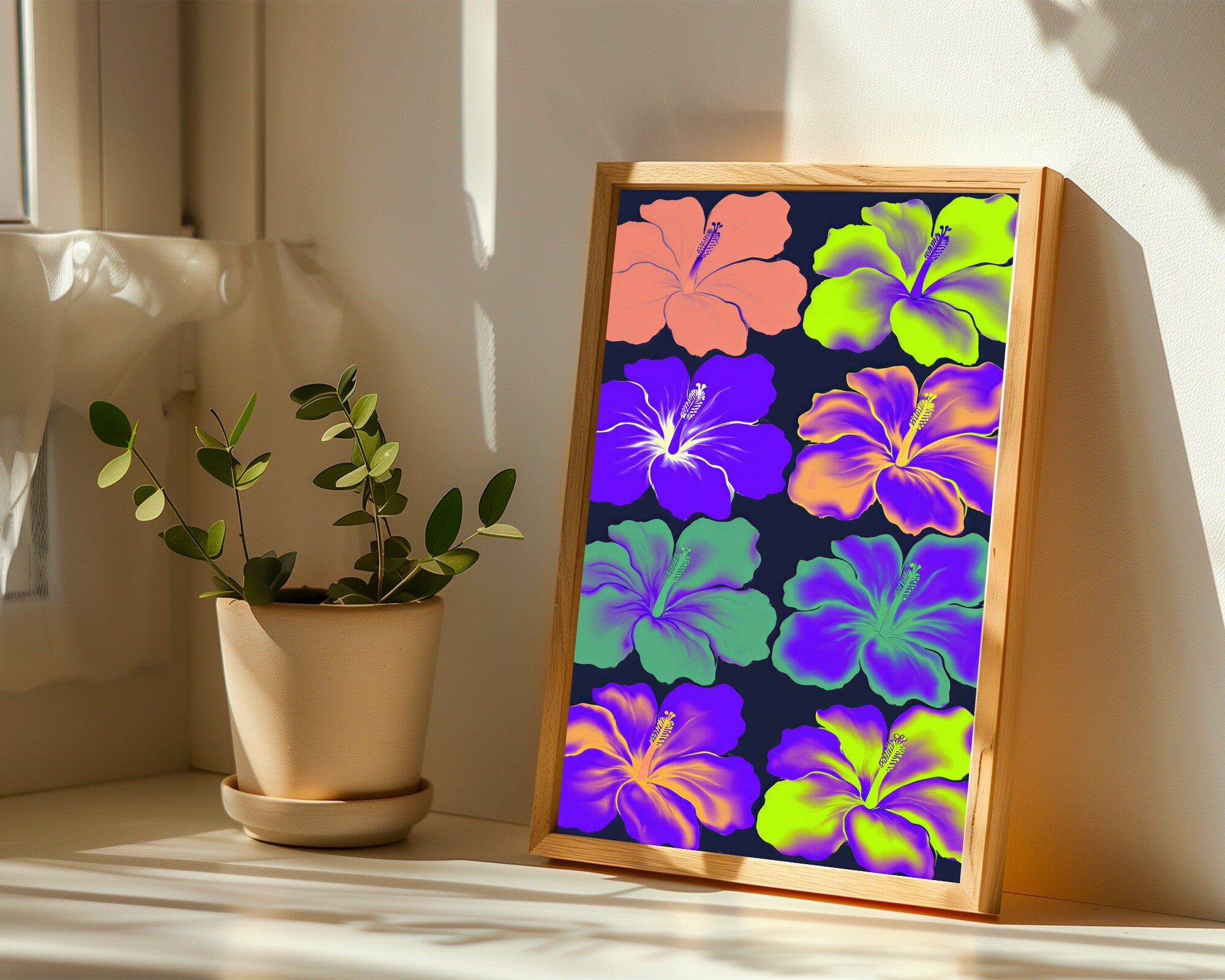Hibiscus Silhouette Wall Art, Psychedelic Botanical Art Print in Iris, Salmon & Lime — room-p-sill-wood