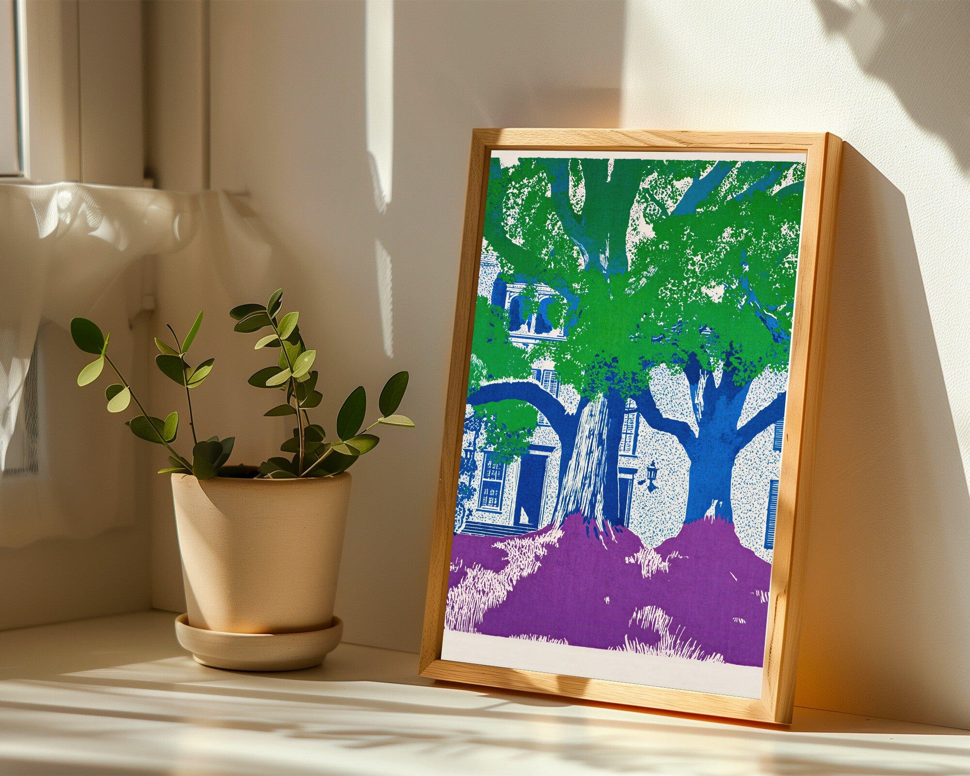 Southern Gothic Silhouette Art Print | Risograph Jewel Tones | Mossy Trees Wall Art | Bold Graphic — room-p-sill-wood