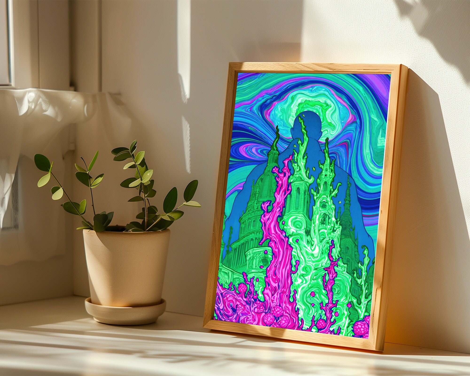 Celestial Architect, Psychedelic Cityscape Wall Art | Liquid-Light Abstract Art Print — room-p-sill-wood