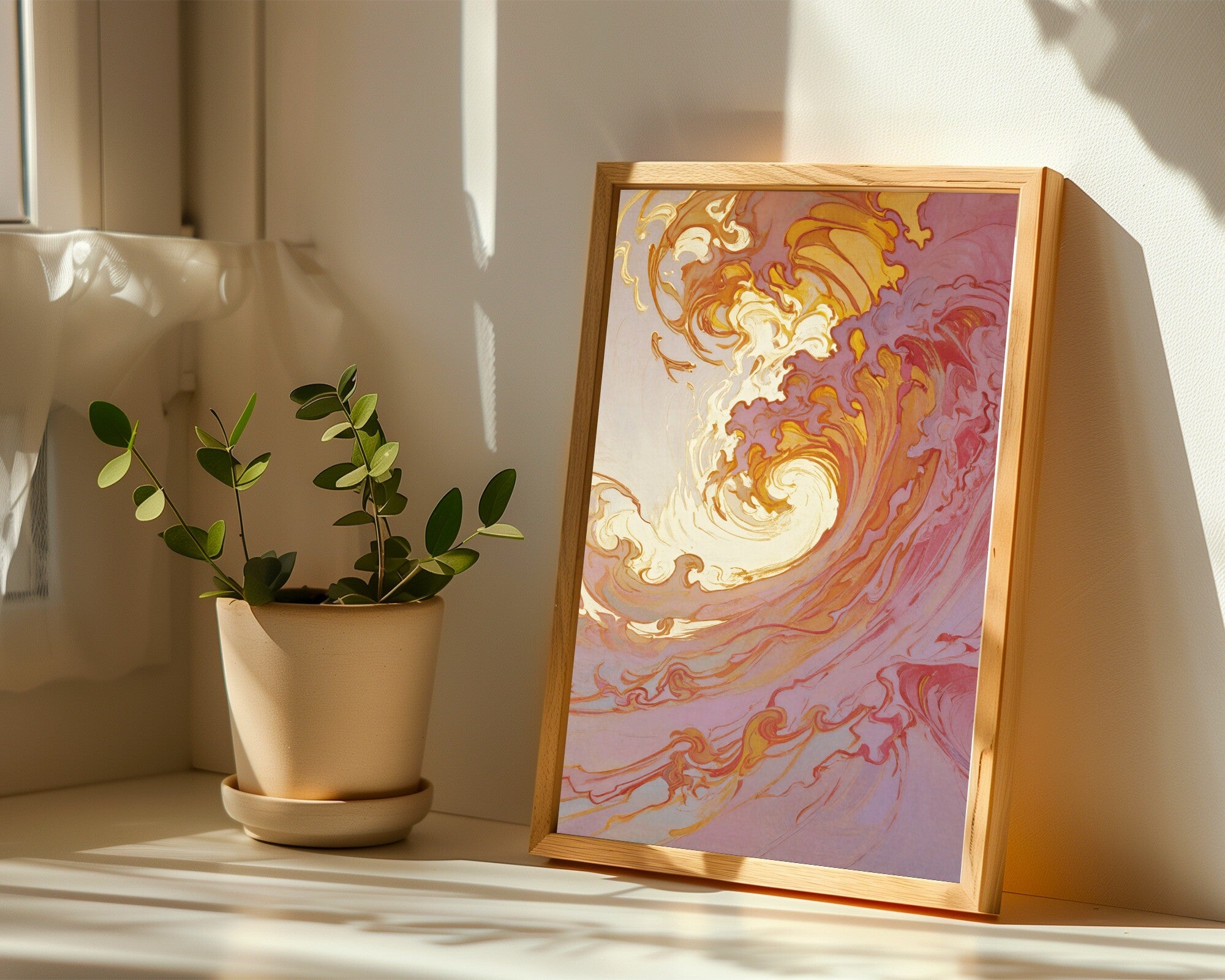 Art Nouveau Whiplash Lines Wall Art Print | Warm Ochre & Rose | Gestural Abstract — room-p-sill-wood
