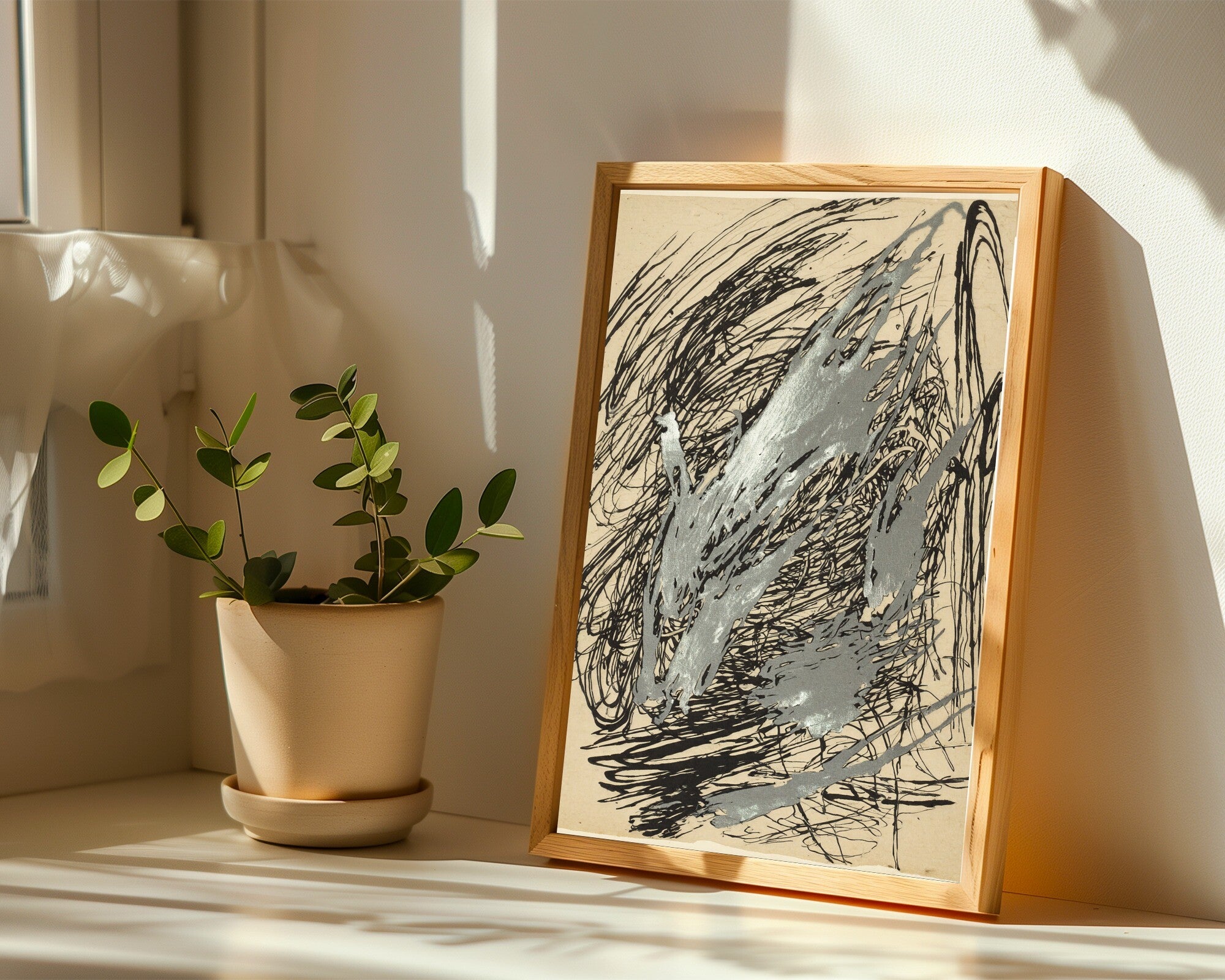 Raw Motion, Gestural Abstract Art Print | Wall Art in Off-Black & Pewter — room-p-sill-wood