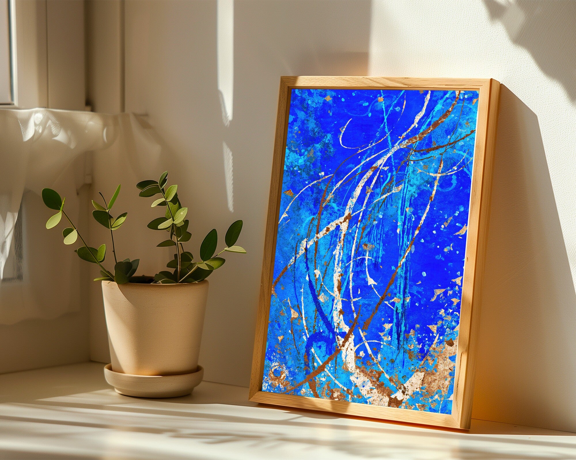 Fractured Fresco, Gestural Abstract Wall Art in Cobalt Blue & Burnt Sienna, Art Print — room-p-sill-wood