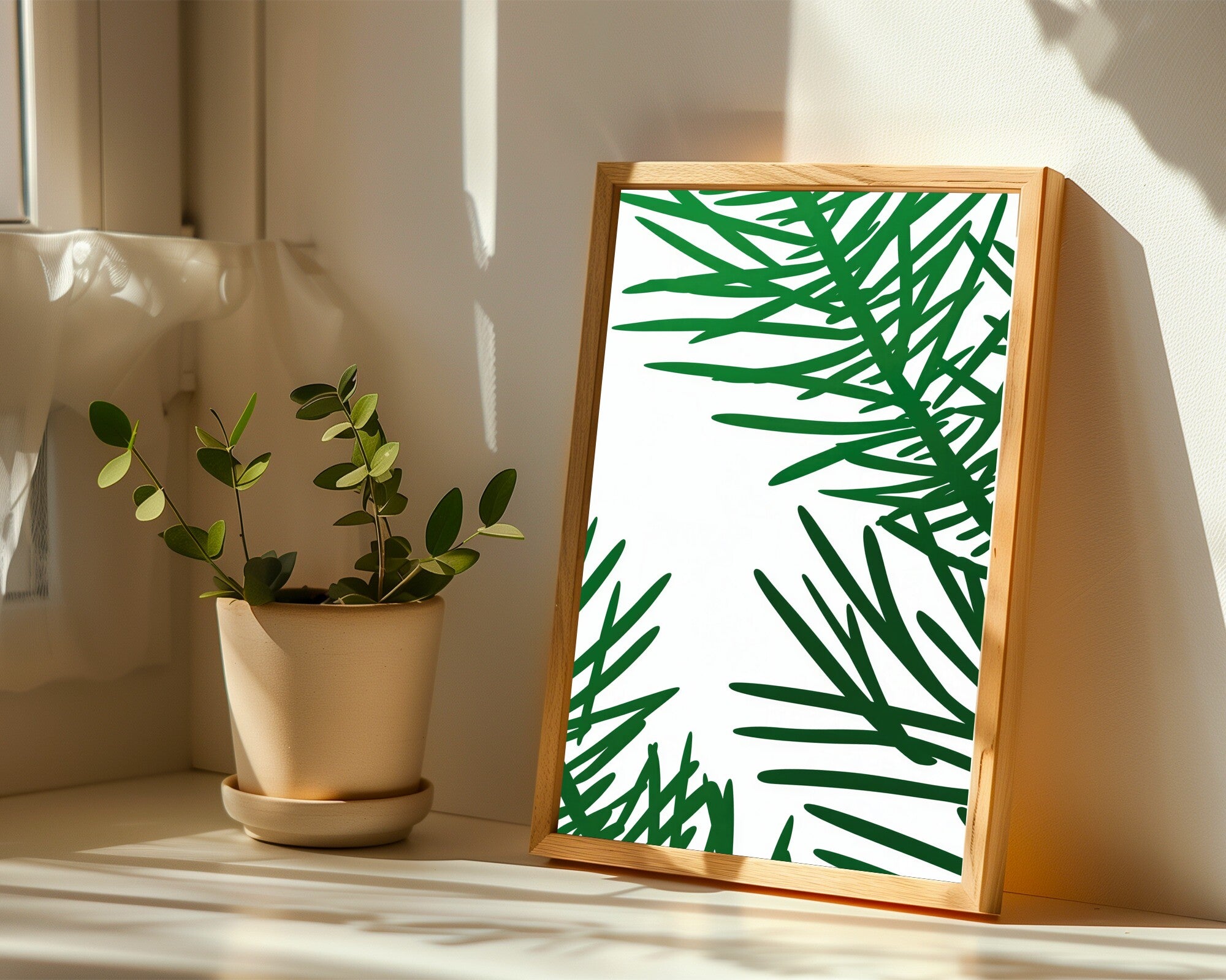 Viridian Spruce Branch Art Print | Minimalist Botanical Wall Art | Oriental Line Art — room-p-sill-wood
