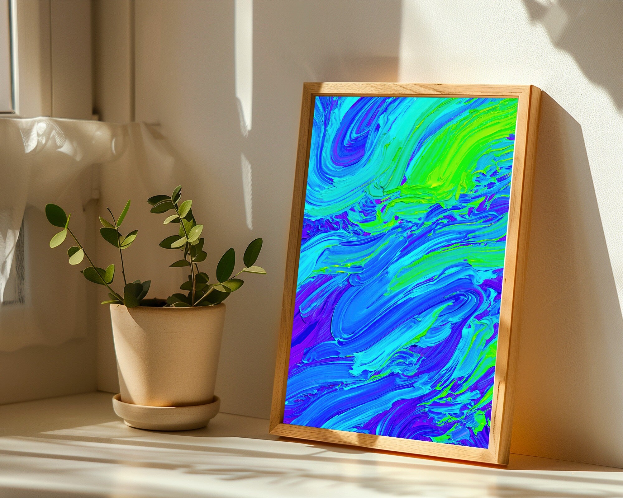 Neon Surge, Electric Impasto Abstract Art Print | Gestural Colour-Field Wall Art in Cyan, Violet & Lime — room-p-sill-wood