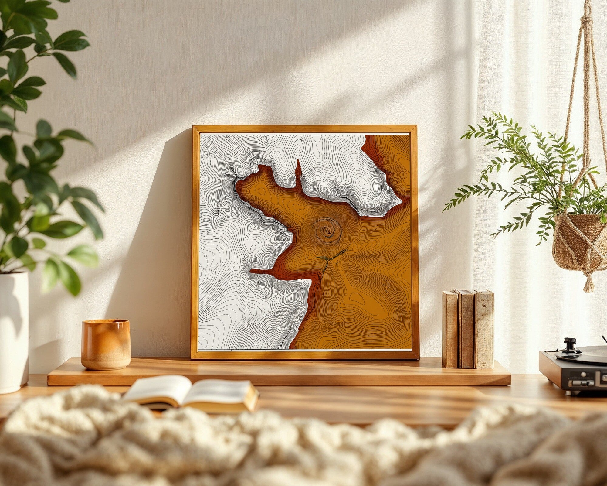 Topographic Vortex Wall Art Print, Ochre, Rust & Sand Contour Lines, Plotter-Style Generative Line Art — room-s-clean