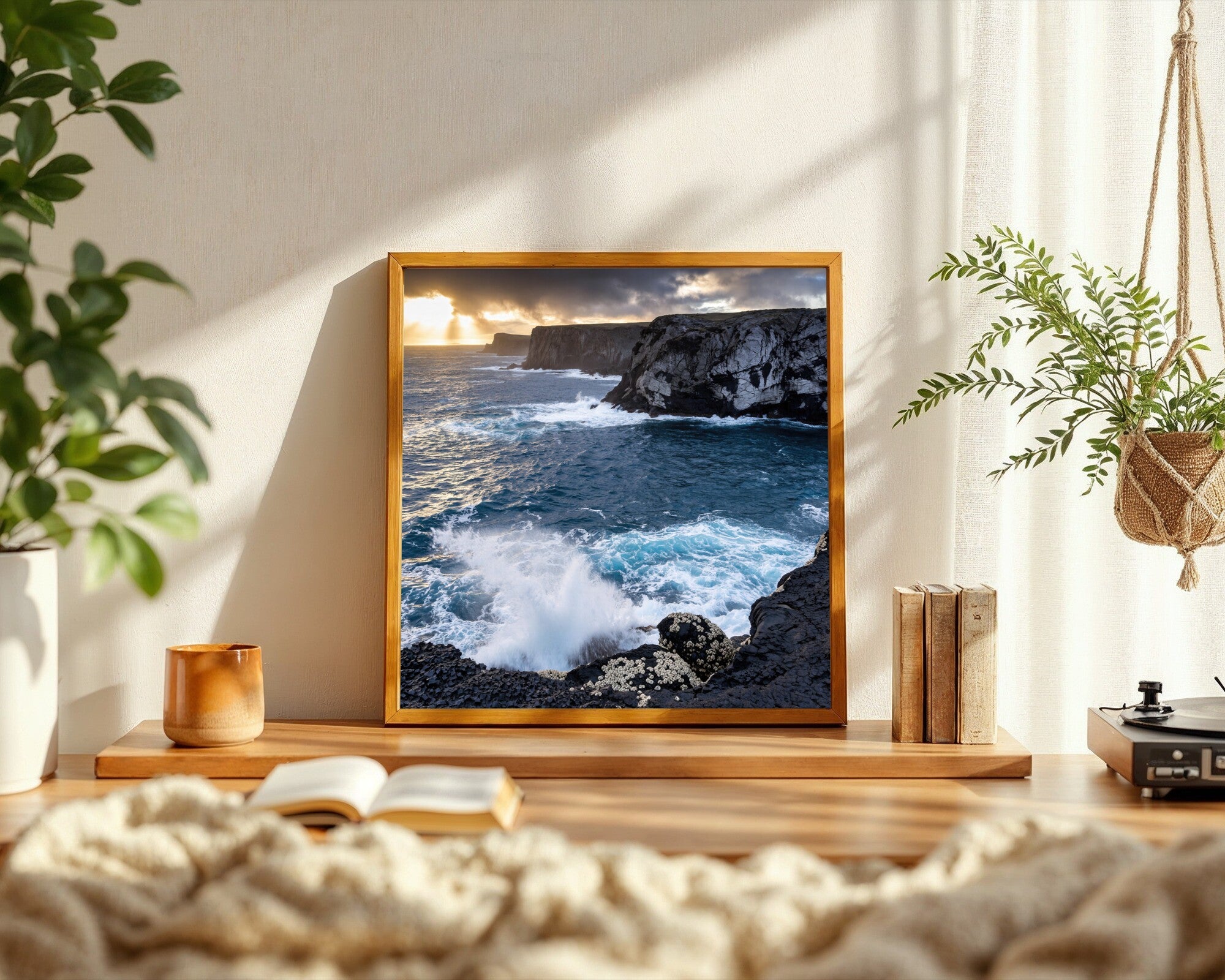 Storm Coast Seascape Art Print, Rocky Headland, Pounding Surf & Ice-Blue Fjord Wall Art — room-s-clean