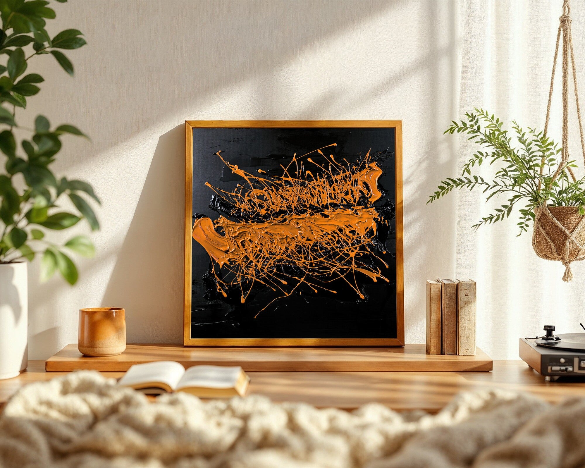 Eruption, Abstract Art Print, Calligraphic Impasto in Raw Umber, Cadmium Orange and Black — room-s-clean