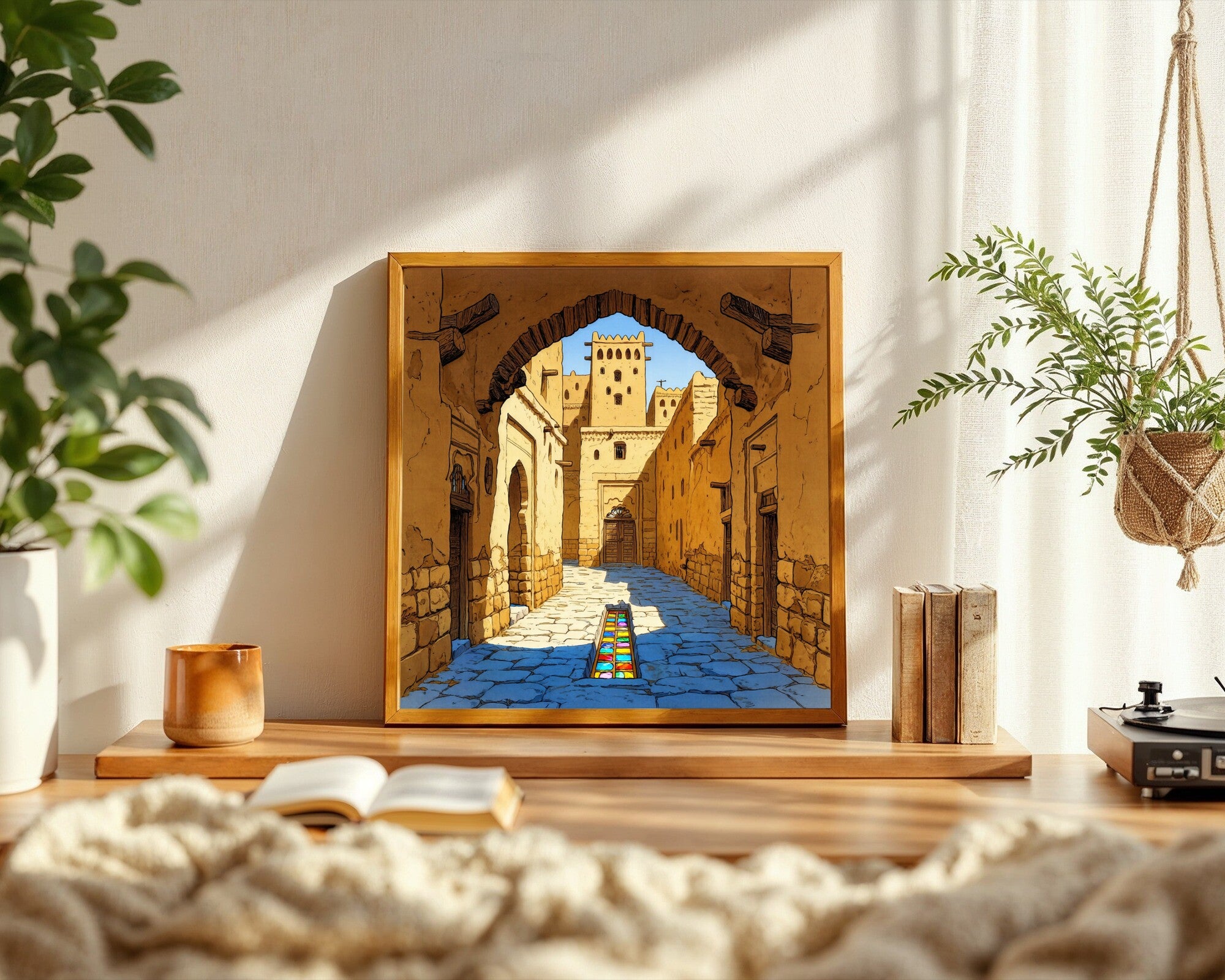 Afternoon Lane, Sahelian Village, Vintage Chromolithograph Art Print | Mud-Brick Mosque Wall Art — room-s-clean
