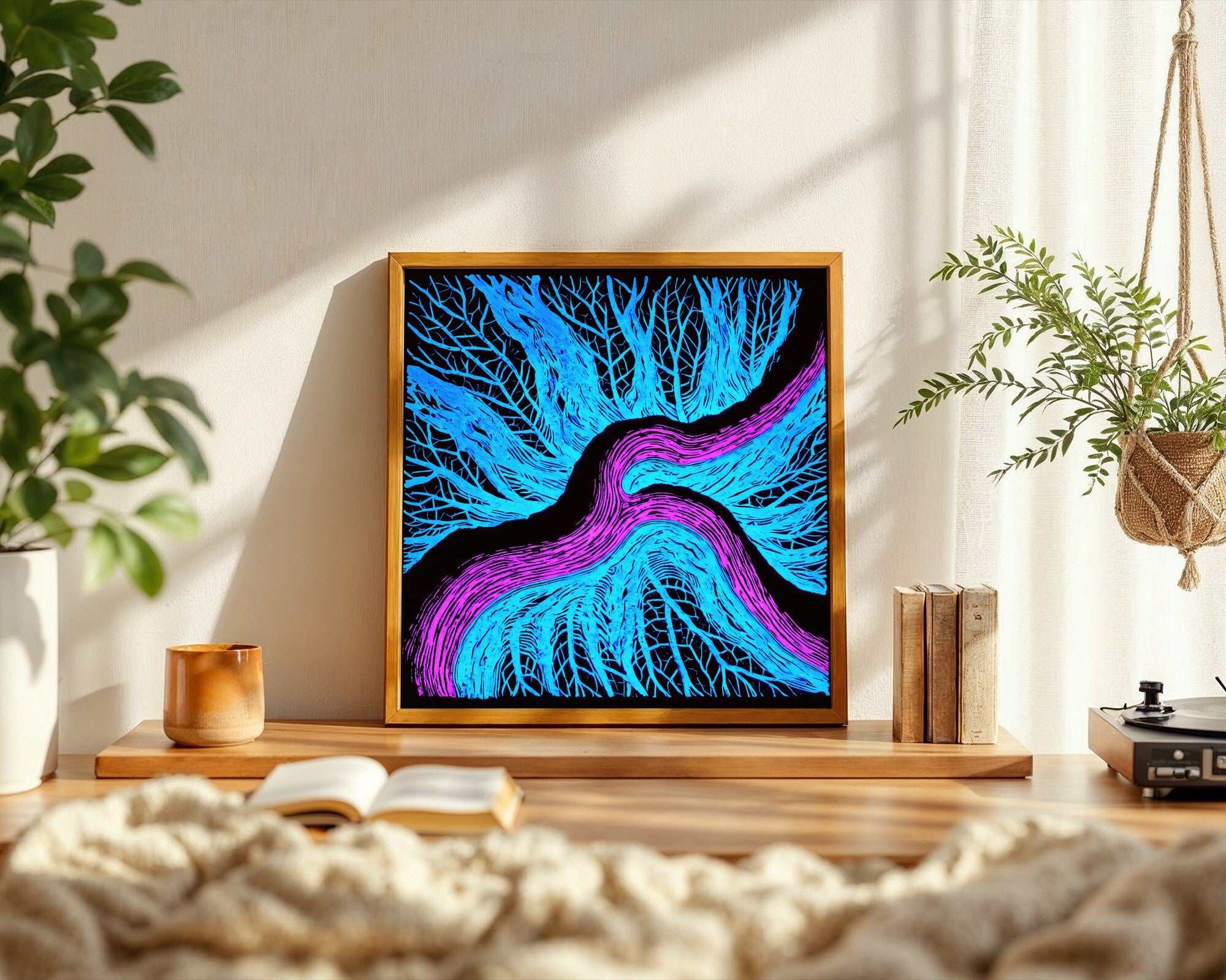 Electric Filament Wall Art, Neon Cyan & Magenta Abstract Art Print, Woodblock Geometric — room-s-clean