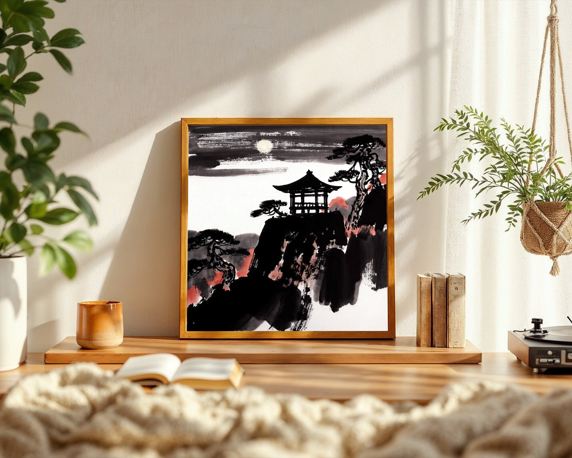 Cliff Pavilion in Moonlight | Japanese Sumi-e Wall Art | Ink Brush Art Print — room-s-clean