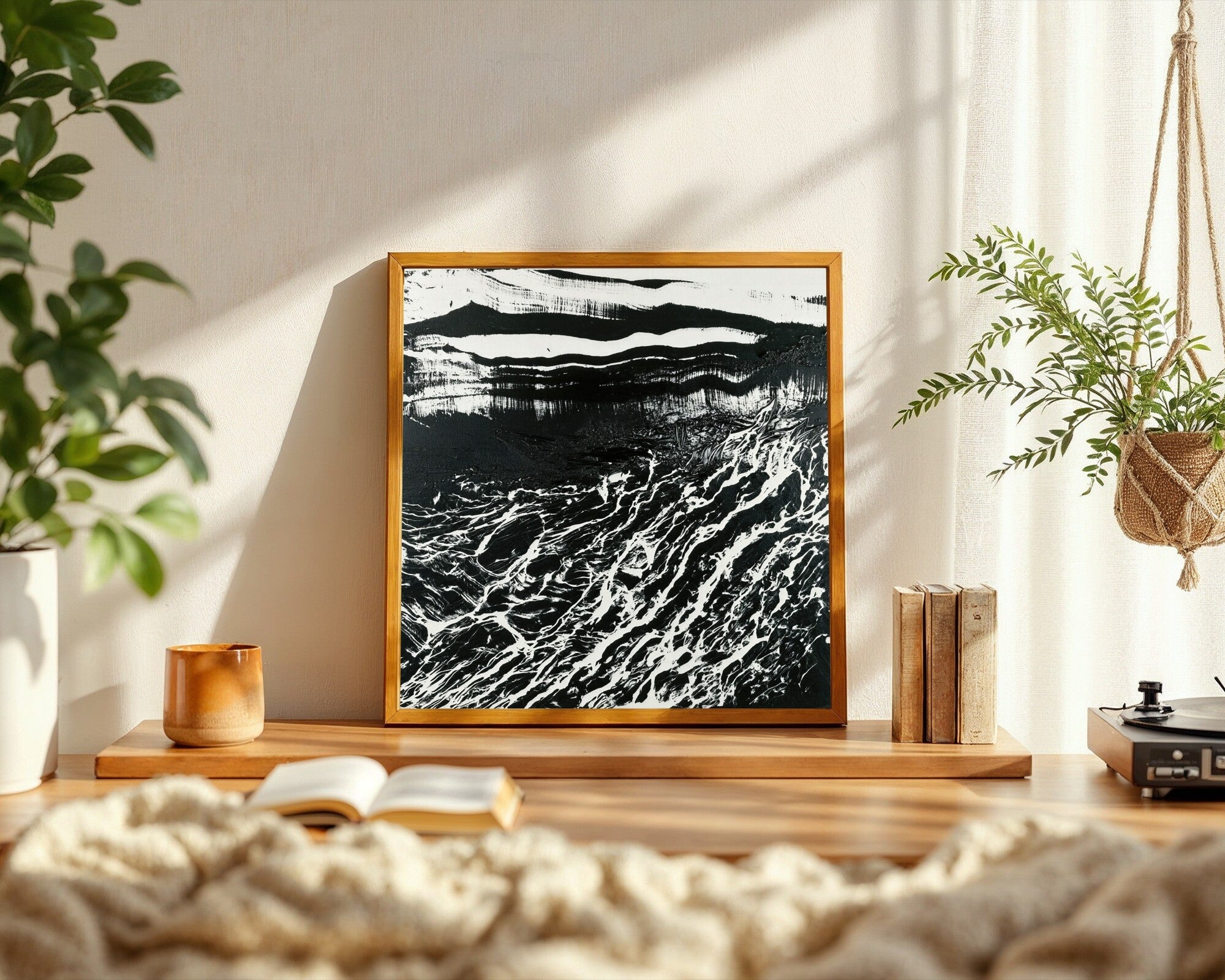 Gestural Brushstroke Wall Art, Abstract Monotype Print, High-Contrast Black White with Bold Accent — room-s-clean