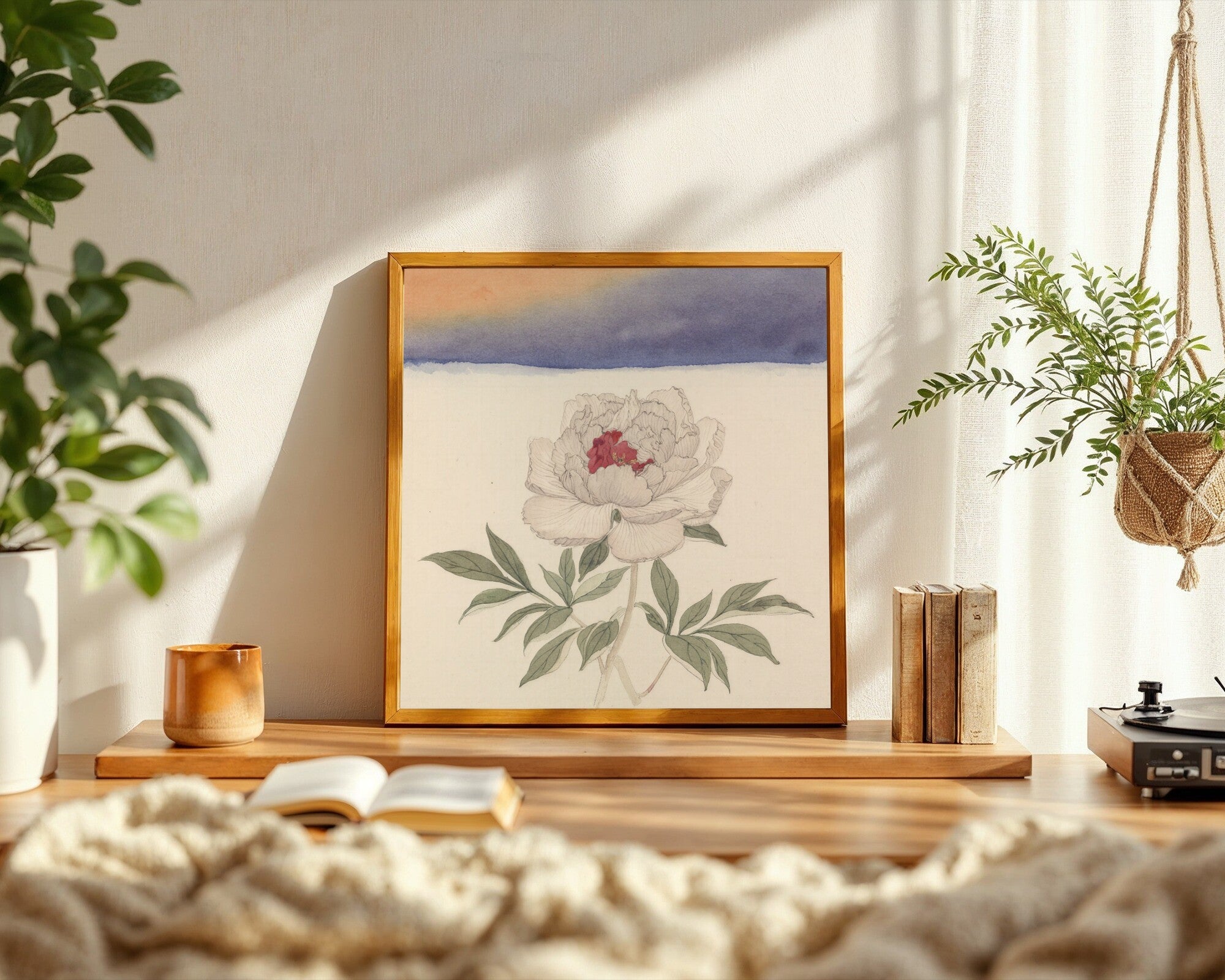 Peony at Dusk, Watercolour Botanical Art Print | Cream Wall Art — room-s-clean