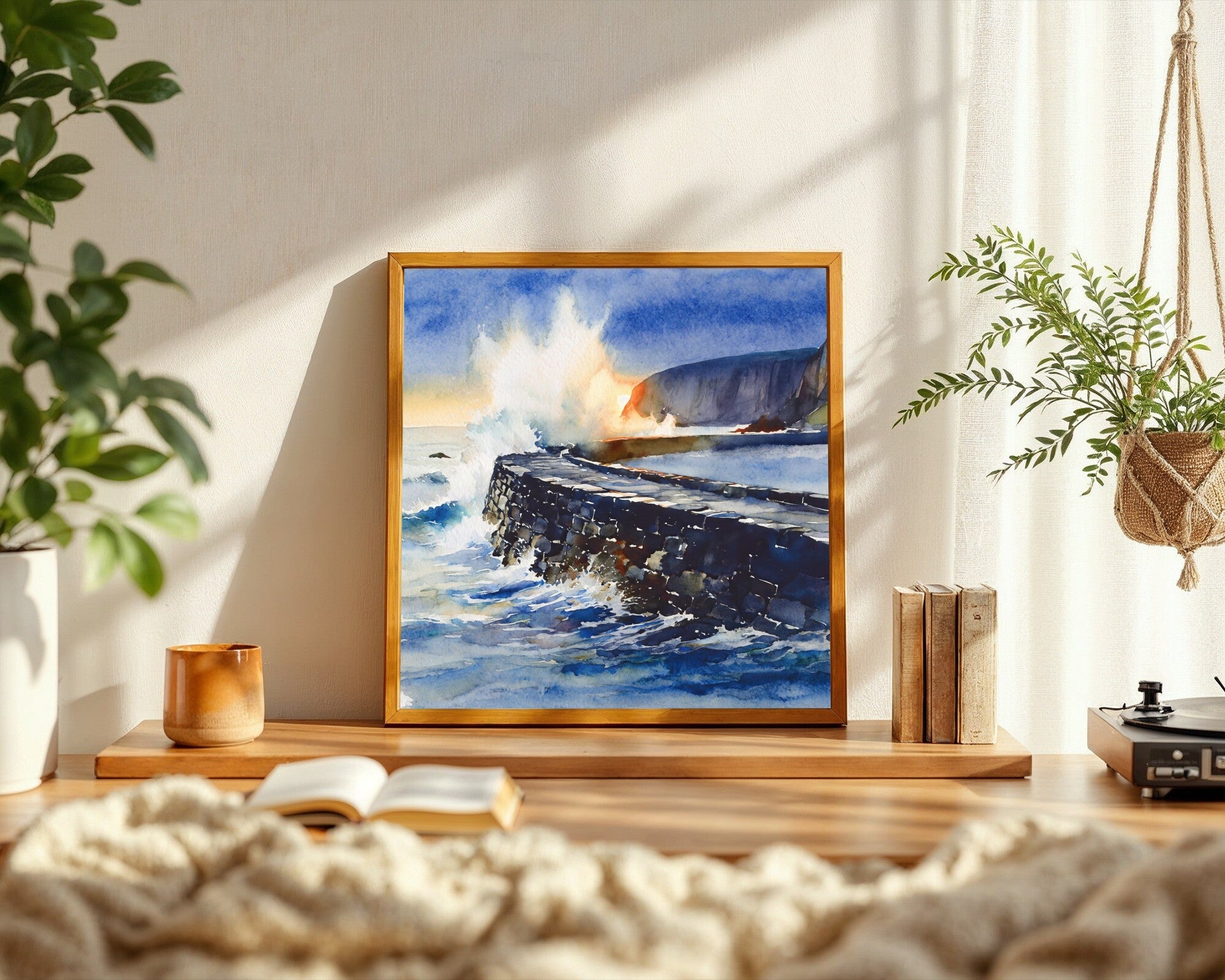 Storm Over the Sea Wall, Coastal Watercolor Art Print, Fjord Seascape, Golden Hour Wall Art — room-s-clean