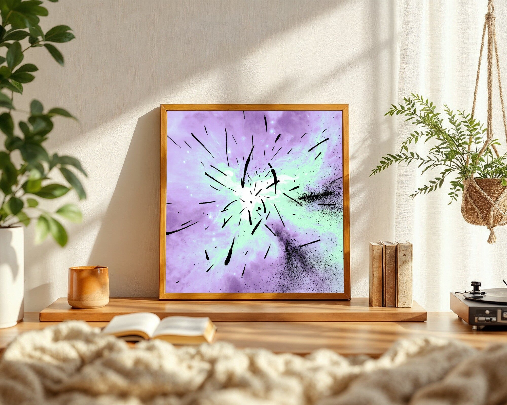 Ethereal Nebula Wall Art, Abstract Charcoal & Pastel Art Print, Kinetic Movement, Lavender Mint — room-s-clean