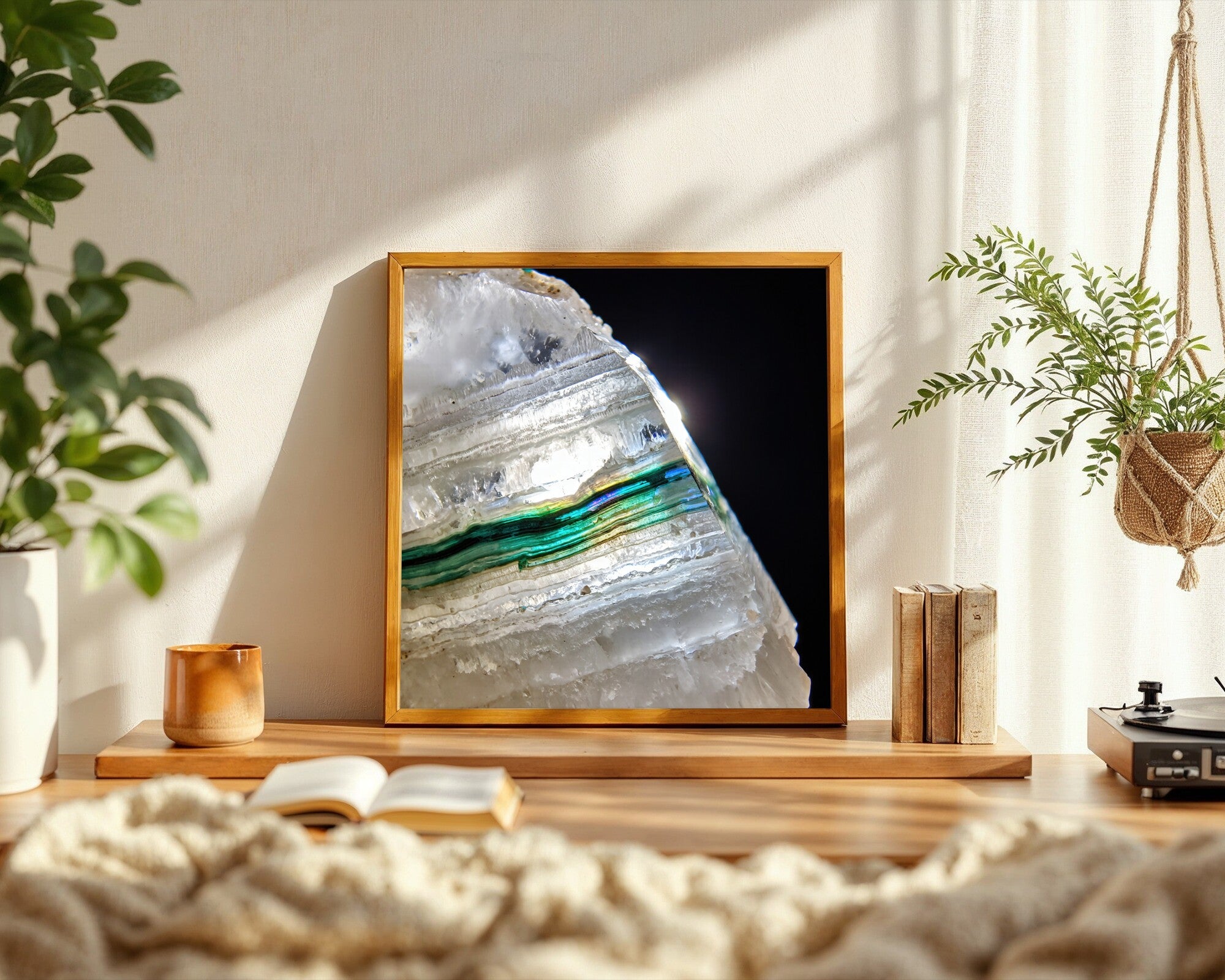 Selenite Crystal Art Print, Emerald Birefringence Mineral Wall Art, Polarized Macro Photography — room-s-clean