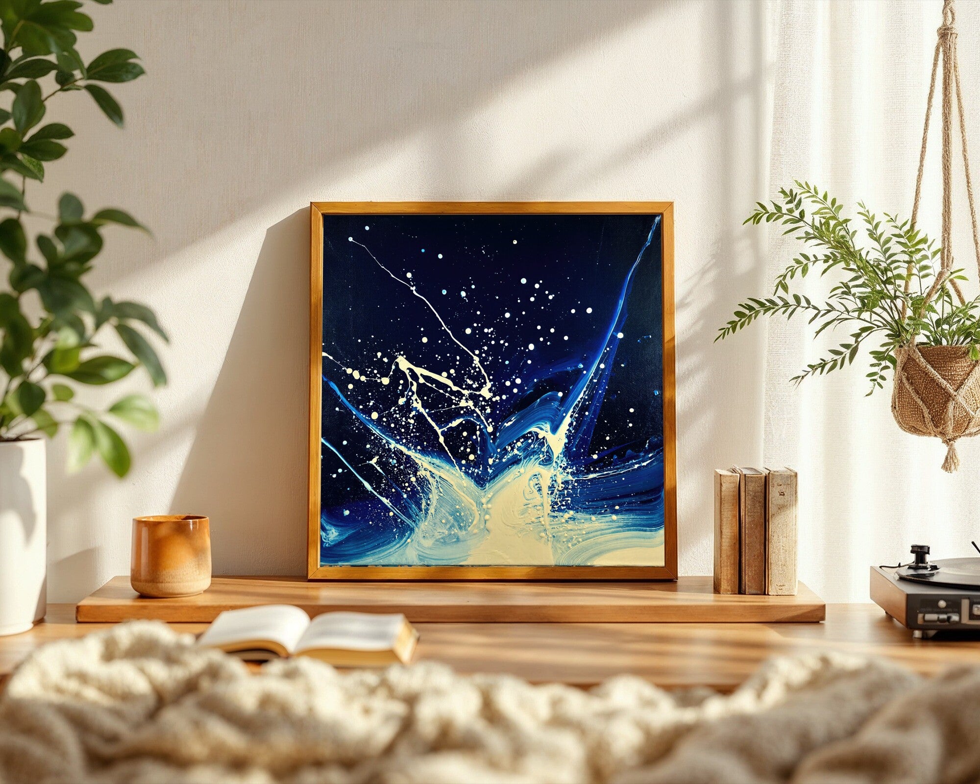 Hovering Mass, Ultramarine & Ivory Abstract Wall Art Print | Dark Gestural Pour Painting — room-s-clean