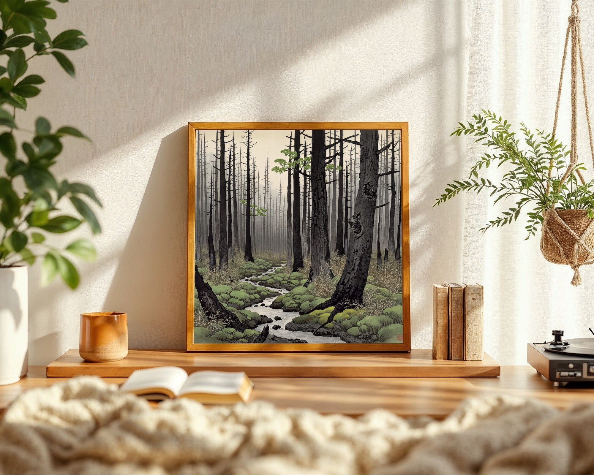 Forest After Fire, Japanese Ink Wash Wall Art | Charred Trees & First Shoots Sumi-e Print — room-s-clean