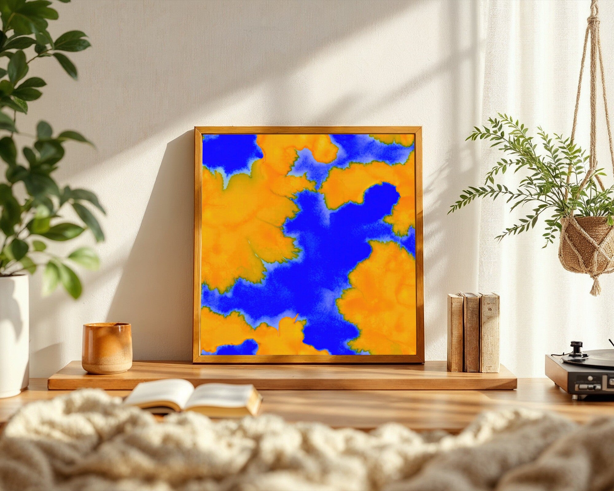 Cobalt & Apricot Bloom Wall Art, Bold Duotone Watercolor Abstract Art Print — room-s-clean