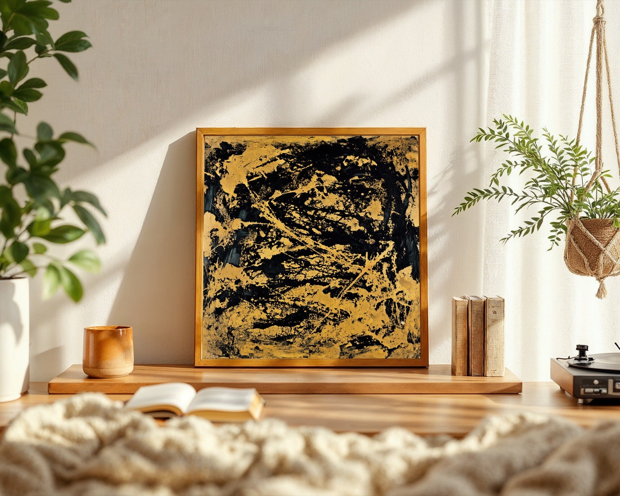 Soot and Sediment, Gestural Abstract Wall Art in Black and Deep Amber Duotone — room-s-clean