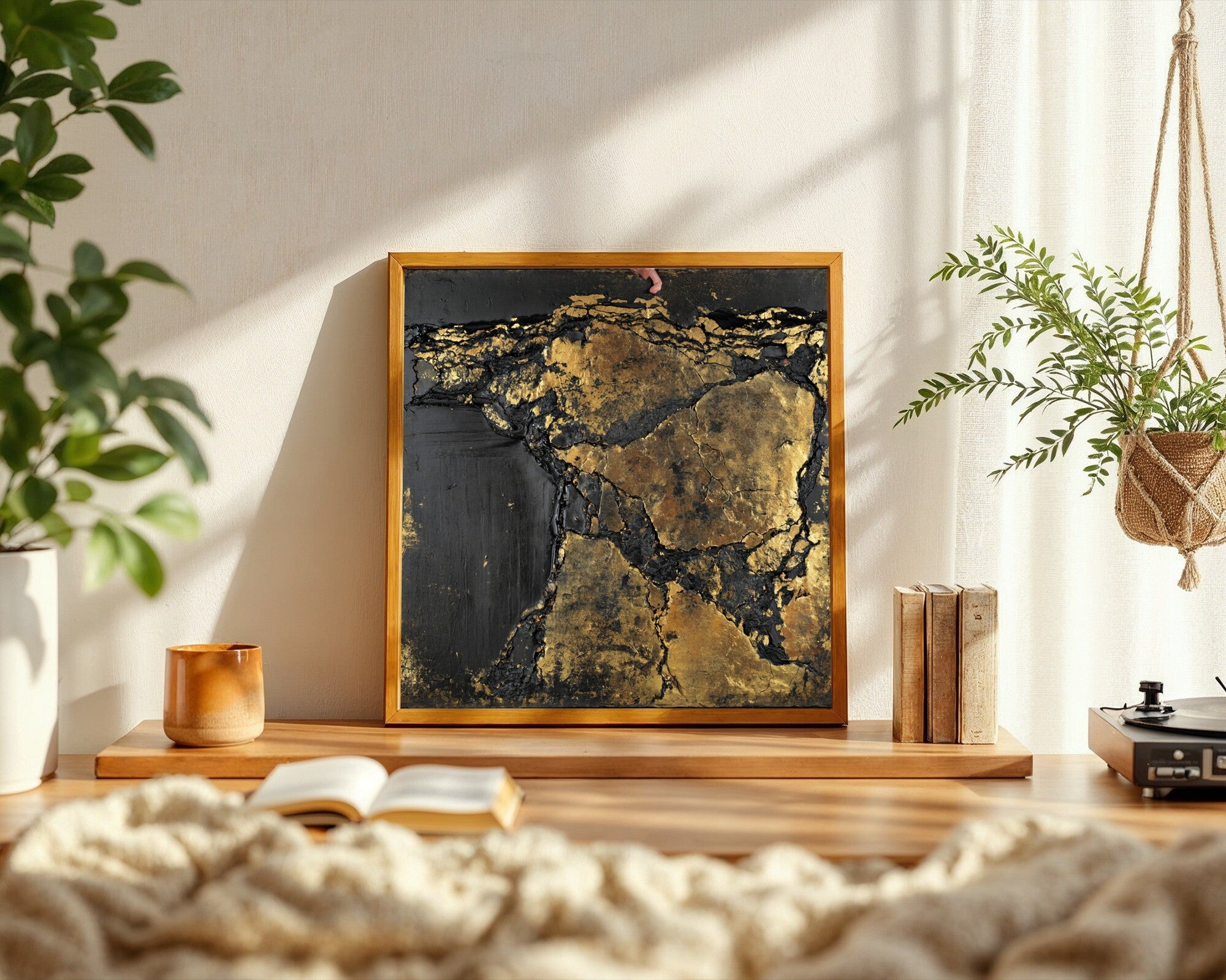 Gilded Corrosion Art Print | Textural Abstract Wall Art | Gold Leaf & Bitumen Decor — room-s-clean