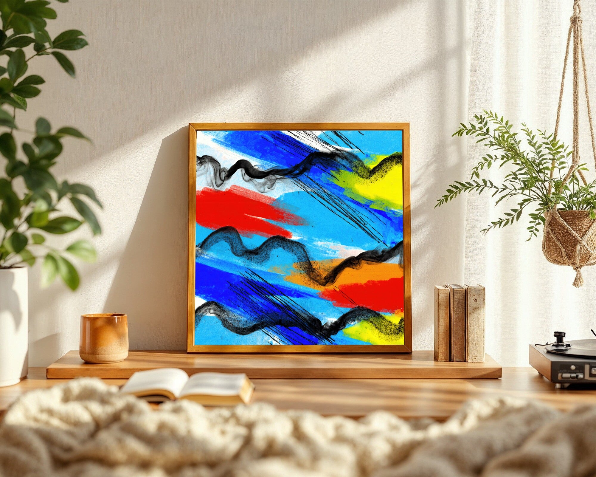 Kinetic Marks, Gestural Abstract Wall Art Print in Charcoal and Bold Primaries — room-s-clean