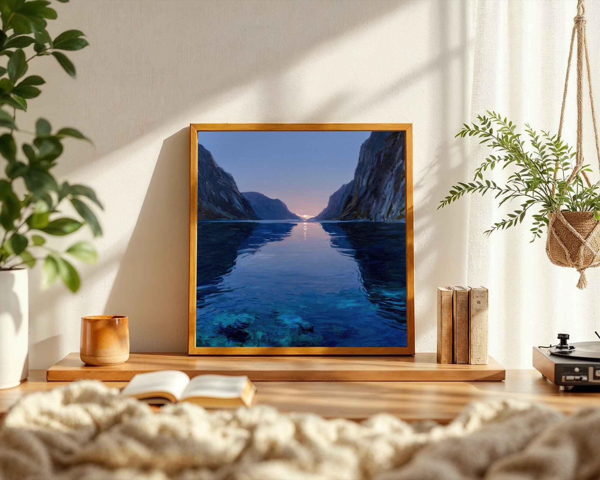 Fjord at Dusk Art Print | Moonlit Seascape | Turquoise Indigo Wall Art — room-s-clean