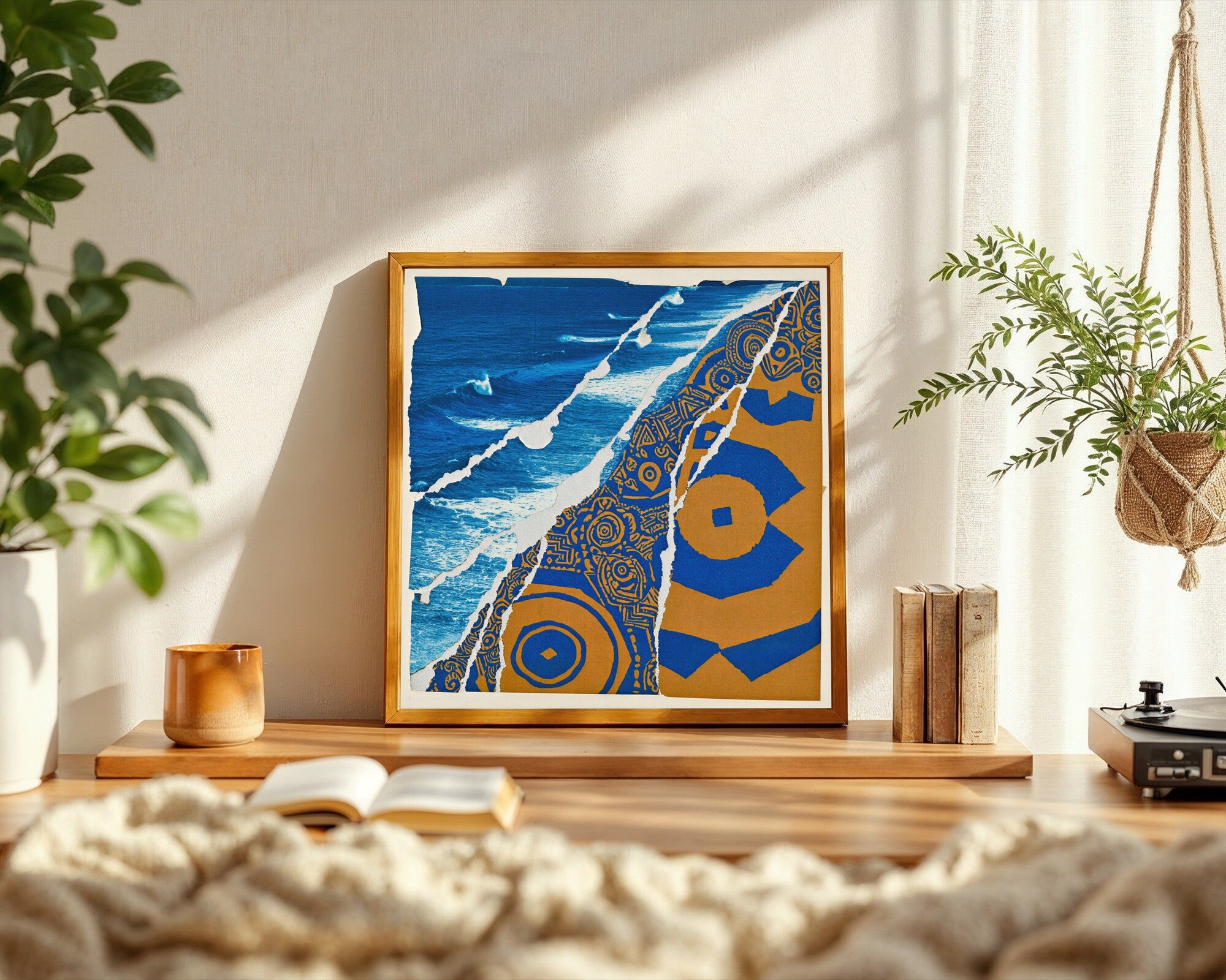 Coastal Ritual, Torn Paper Collage Art Print | Midnight Blue & Ochre Abstract Wall Art — room-s-clean