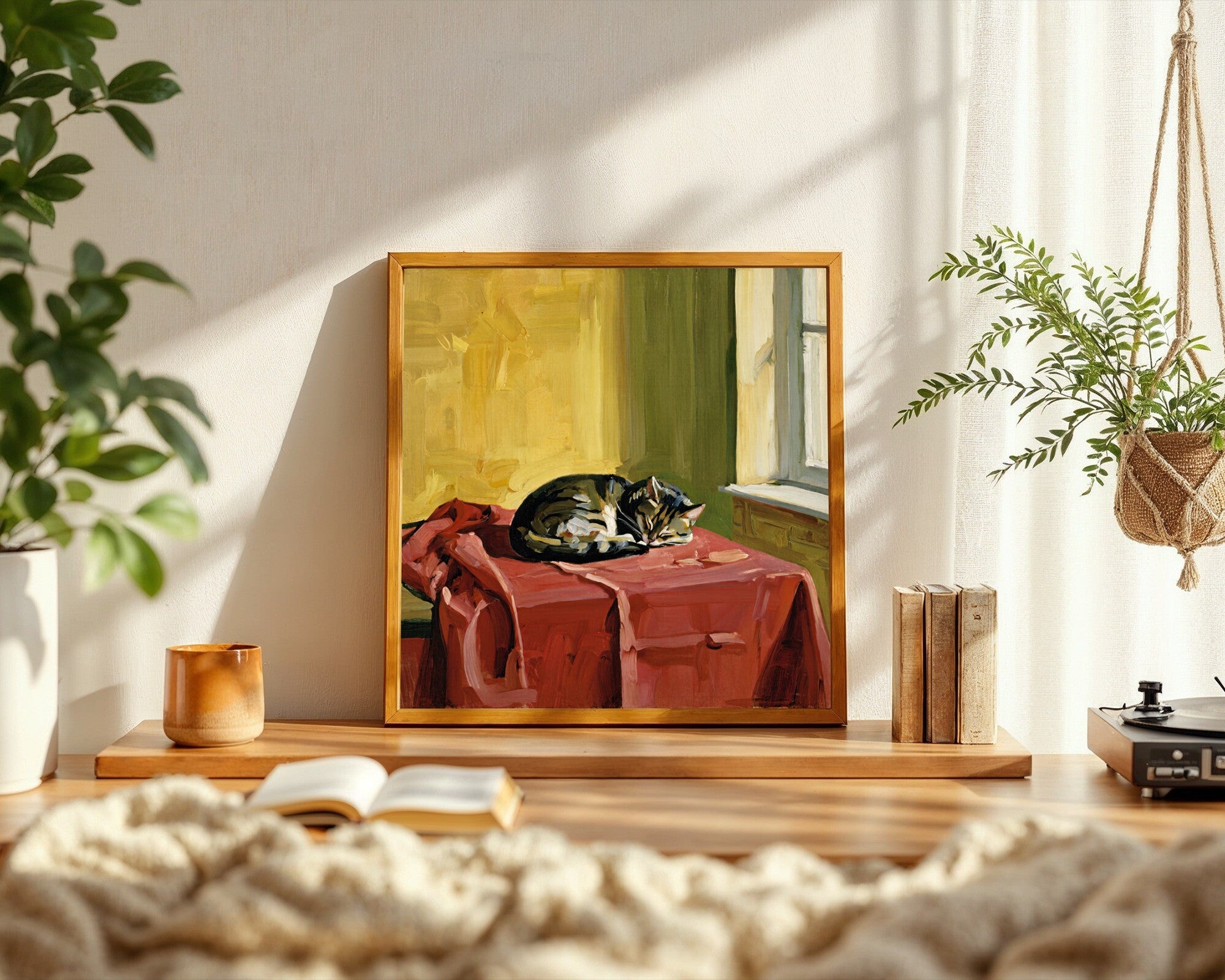 Sleeping Cat on Red Tablecloth Art Print | Alla Prima Oil Style | Domestic Wall Art — room-s-clean