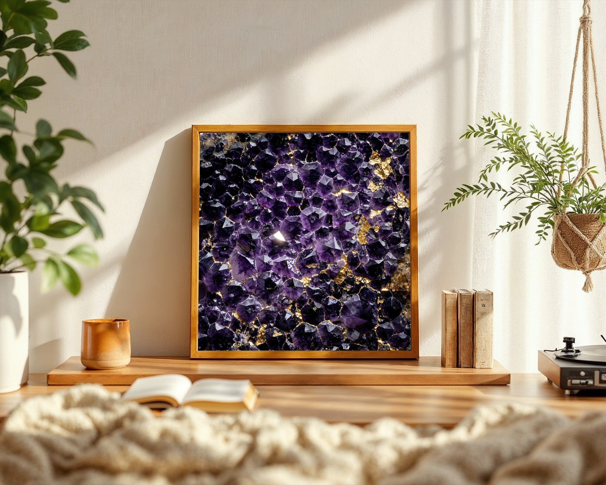 Sunstone & Amethyst Crystal Art Print, Violet Gold Druzy Wall Art, Darkfield Macro Photography — room-s-clean